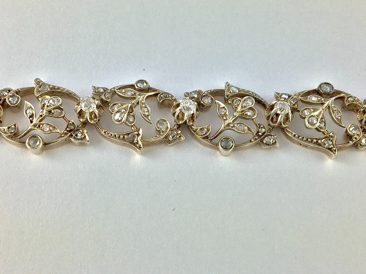 Early 20th Century Floral Soft Bracelet Rose/old Cut Diamonds On Silver & Yellow Gold-photo-3