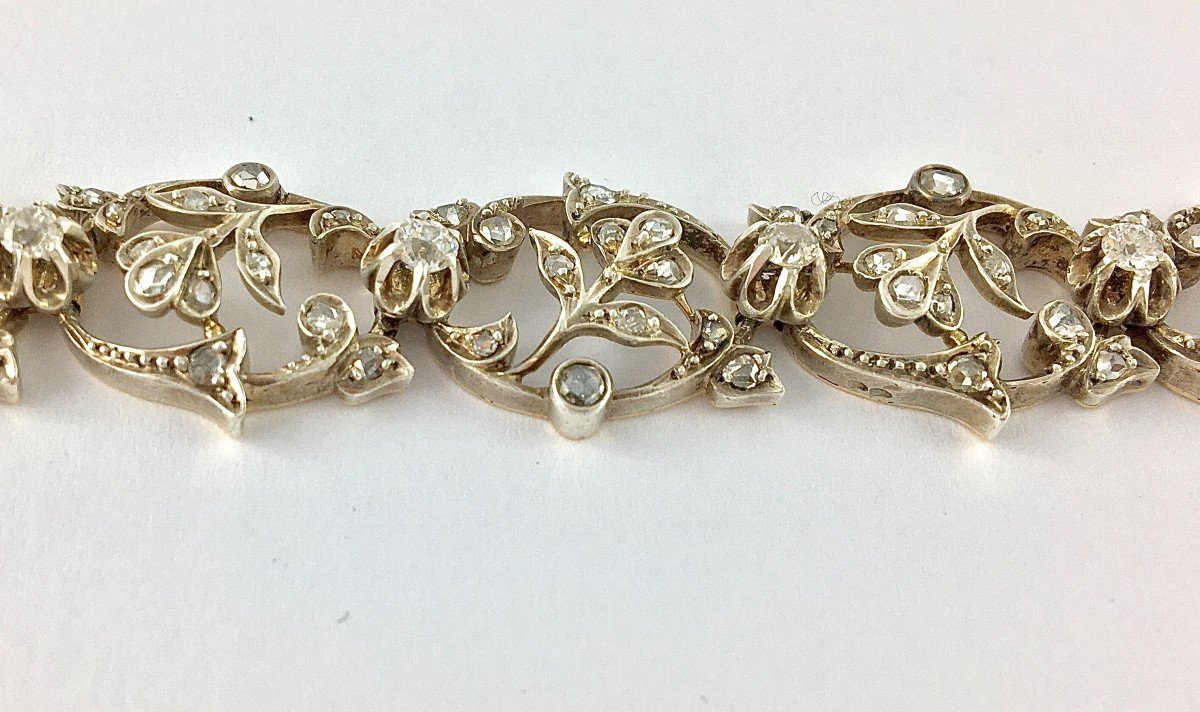 Early 20th Century Floral Soft Bracelet Rose/old Cut Diamonds On Silver & Yellow Gold-photo-4