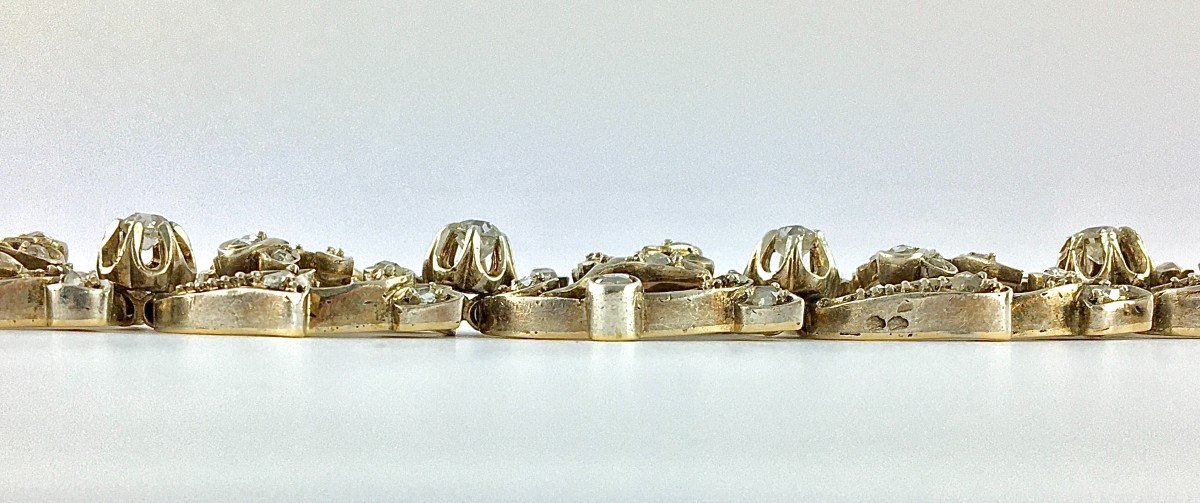 Early 20th Century Floral Soft Bracelet Rose/old Cut Diamonds On Silver & Yellow Gold-photo-5