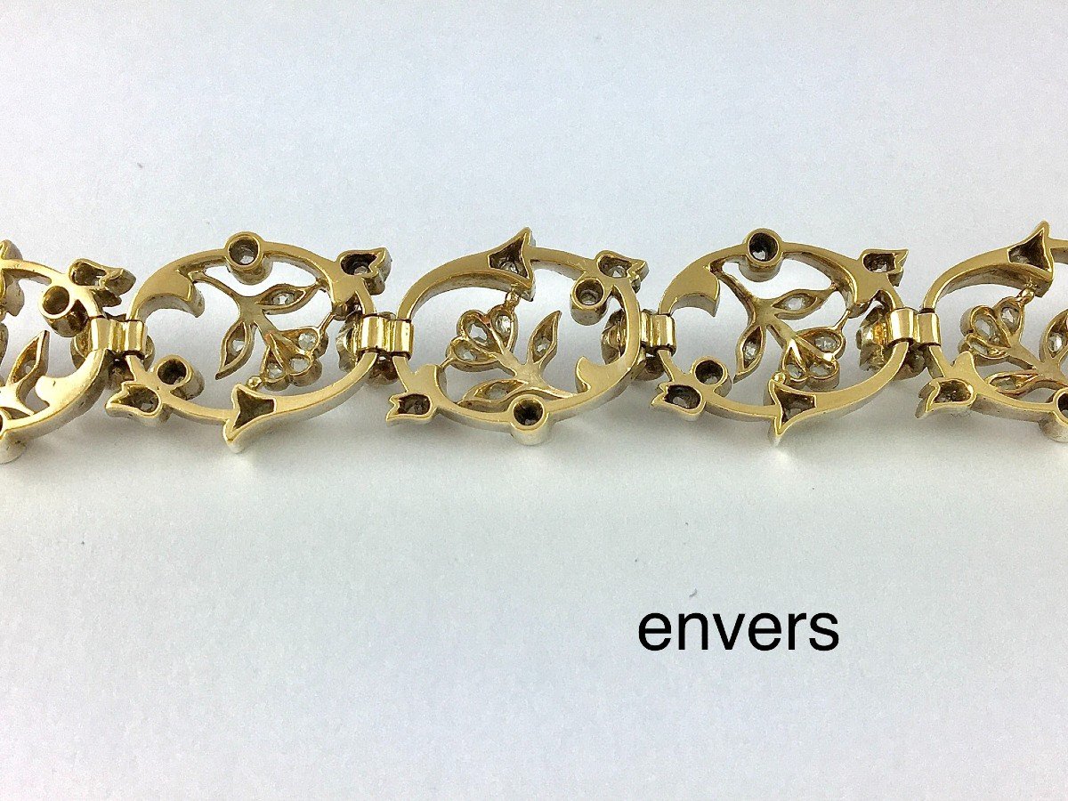 Early 20th Century Floral Soft Bracelet Rose/old Cut Diamonds On Silver & Yellow Gold-photo-6