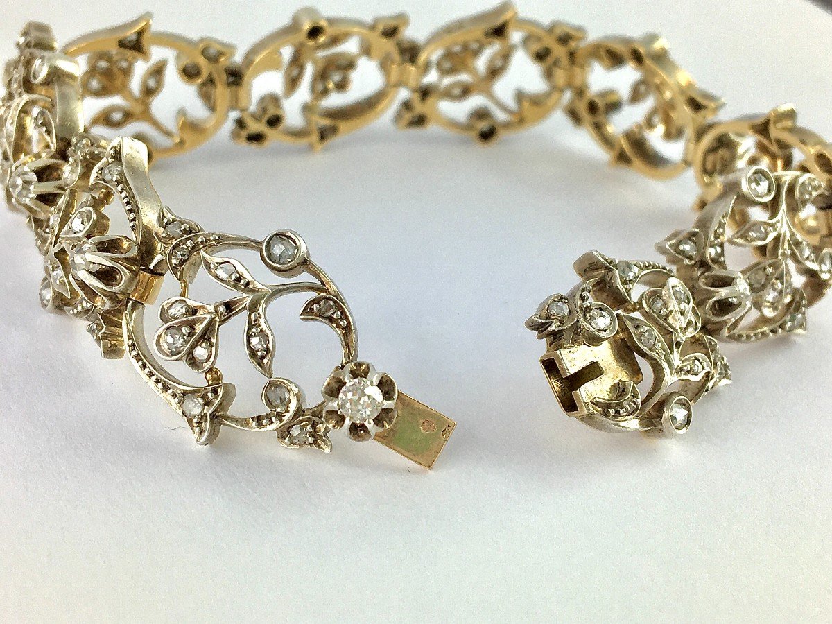 Early 20th Century Floral Soft Bracelet Rose/old Cut Diamonds On Silver & Yellow Gold-photo-7