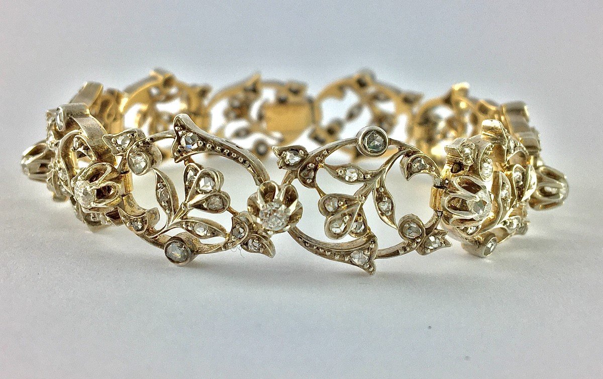 Early 20th Century Floral Soft Bracelet Rose/old Cut Diamonds On Silver & Yellow Gold