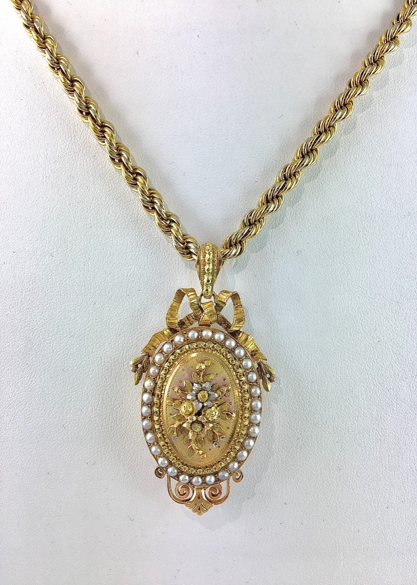 Napoleon III Opening Medallion Pendant Rose Gold, Yellow, Silver Fine Pearls Sentimental Jewelry-photo-2