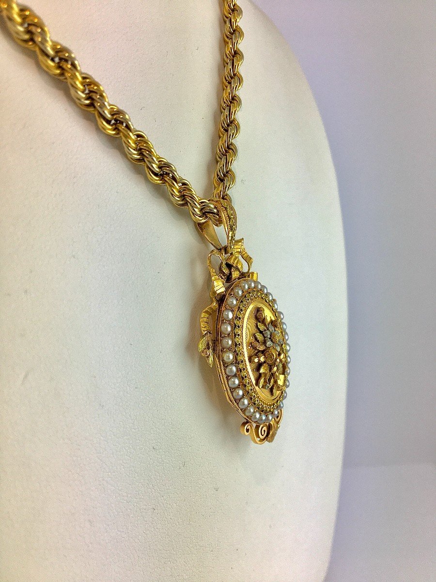 Napoleon III Opening Medallion Pendant Rose Gold, Yellow, Silver Fine Pearls Sentimental Jewelry-photo-3