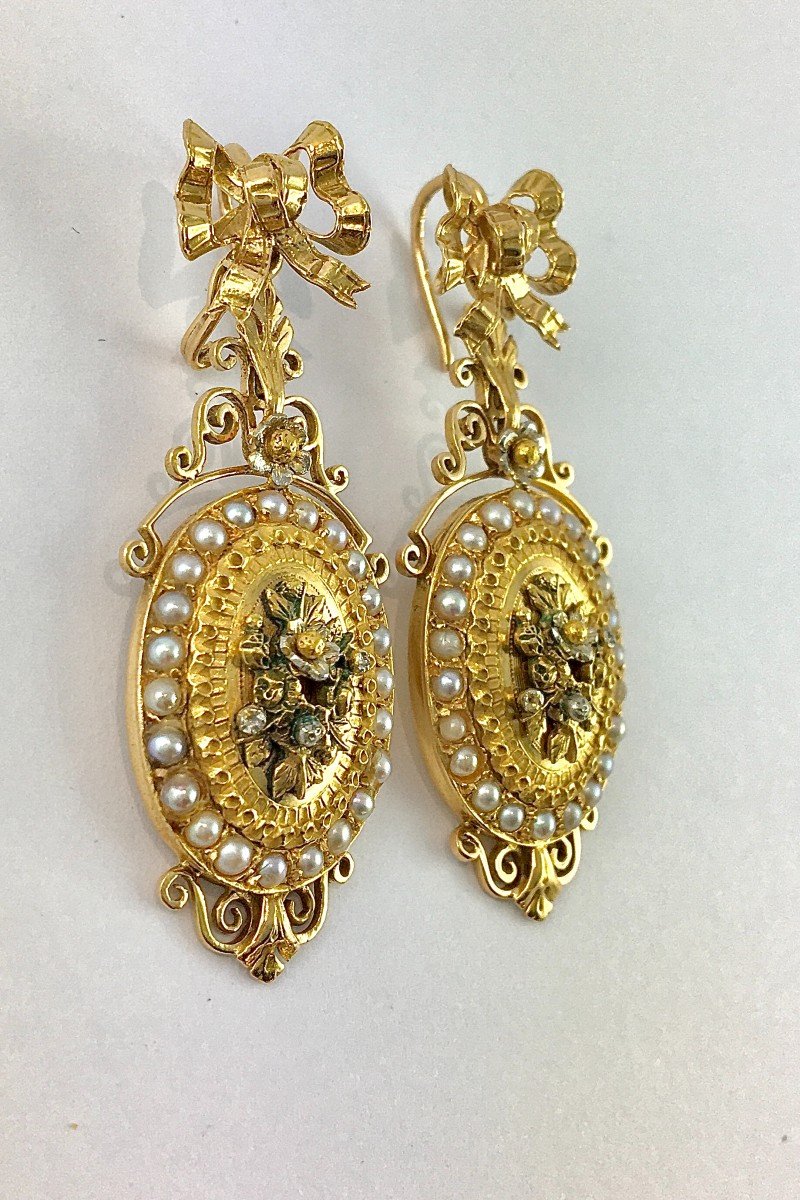 Boucles d'Oreilles Pendants Napoléon III Ors Rose, Jaune, Argent Et Perles Fines (Napoléon 3)-photo-2