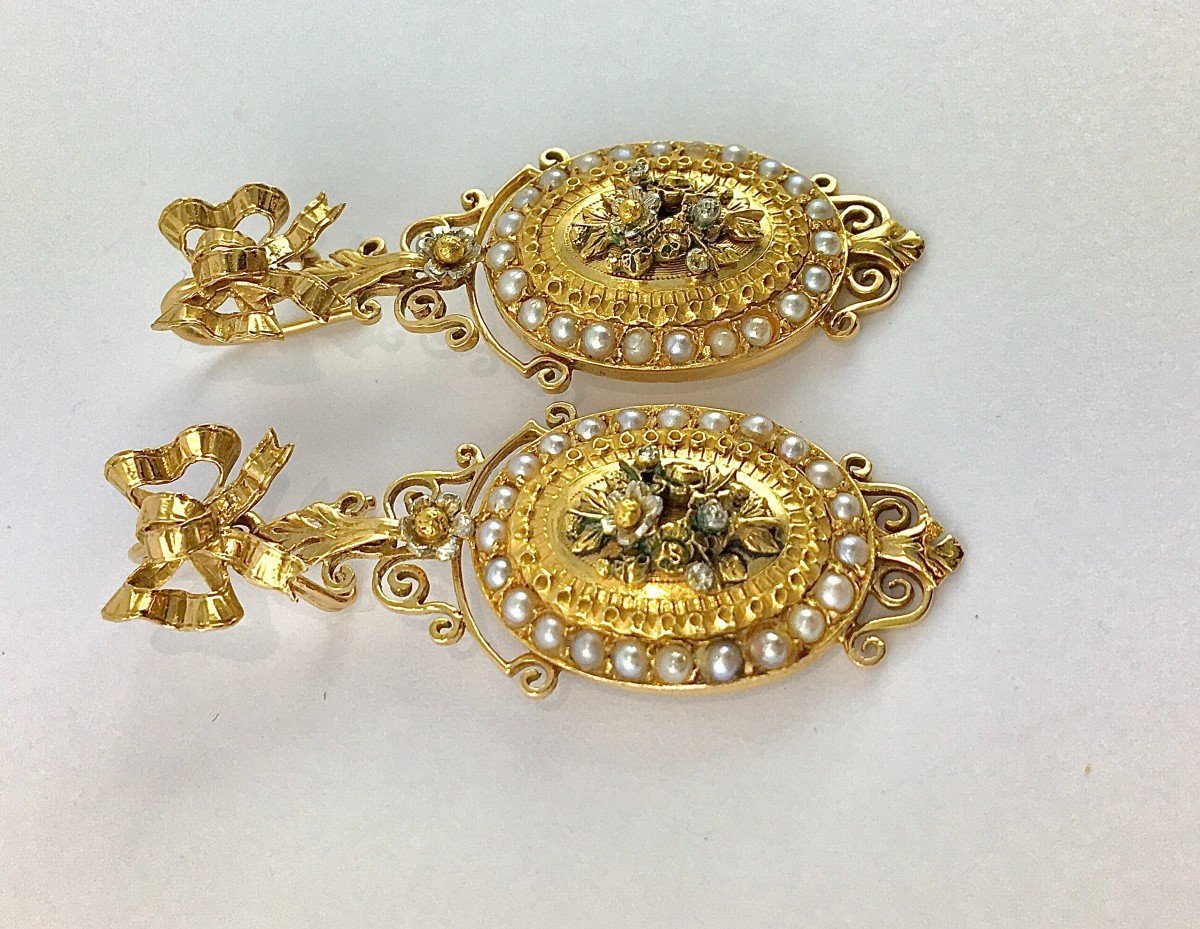 Boucles d'Oreilles Pendants Napoléon III Ors Rose, Jaune, Argent Et Perles Fines (Napoléon 3)-photo-3