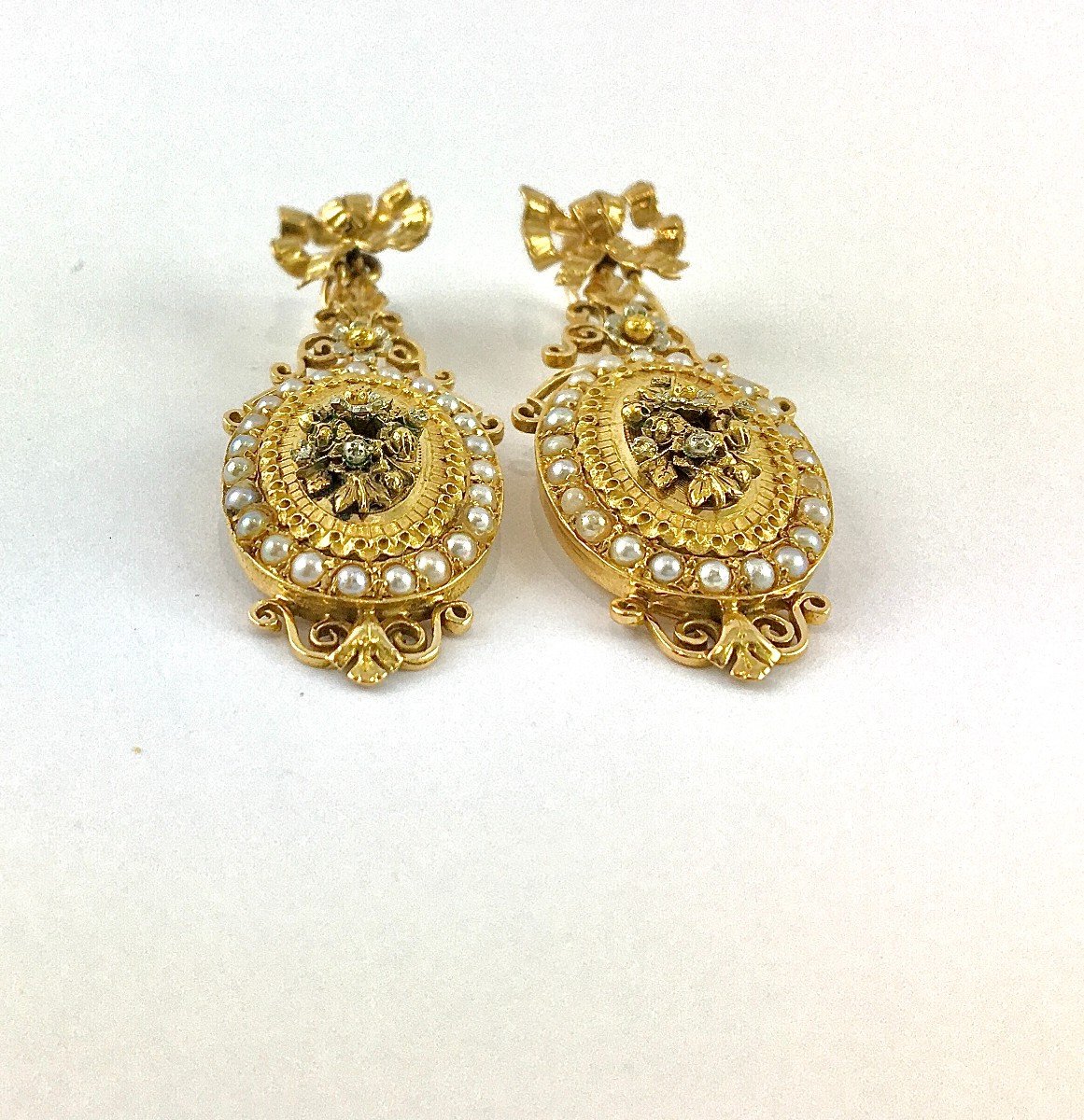 Boucles d'Oreilles Pendants Napoléon III Ors Rose, Jaune, Argent Et Perles Fines (Napoléon 3)-photo-1