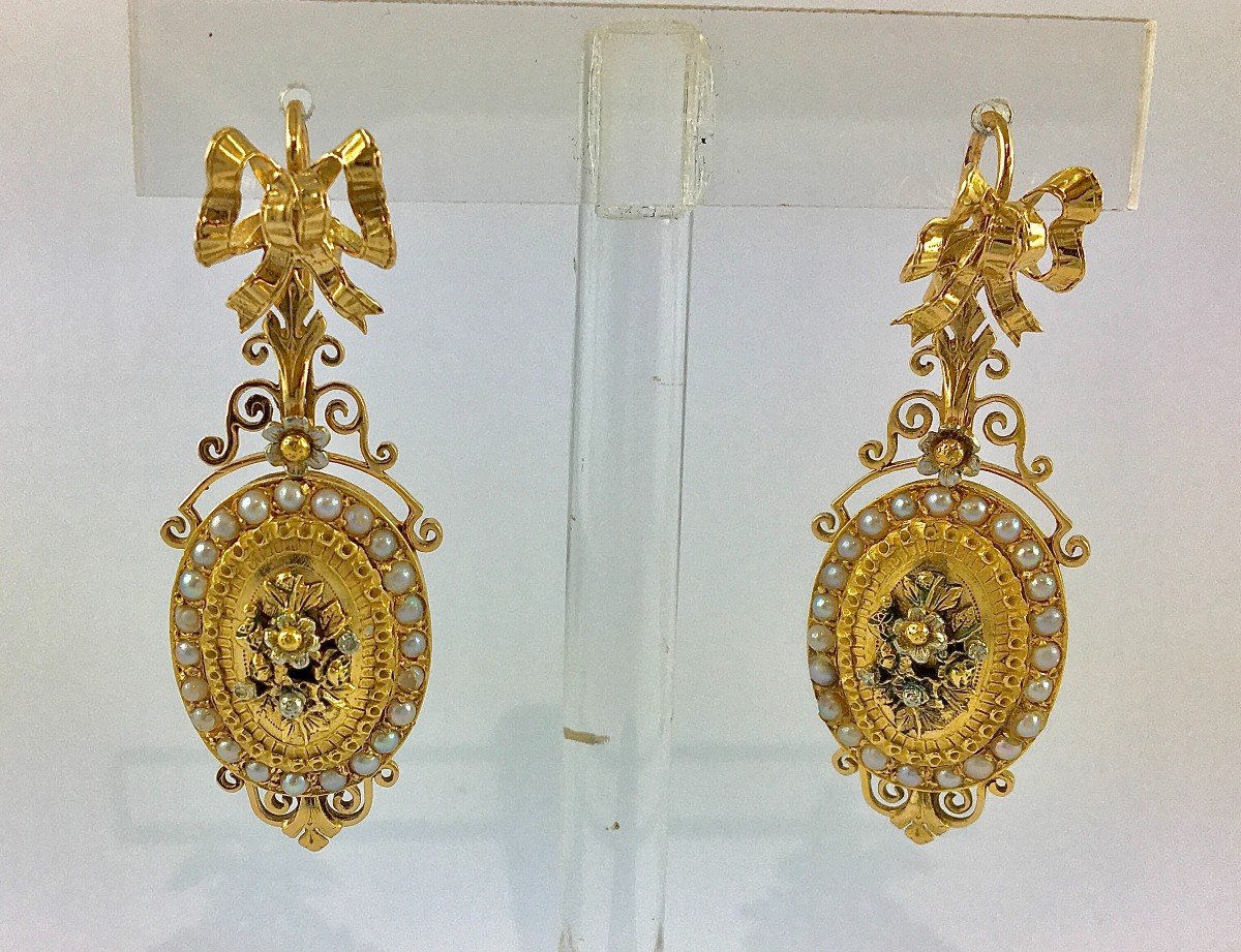 Boucles d'Oreilles Pendants Napoléon III Ors Rose, Jaune, Argent Et Perles Fines (Napoléon 3)-photo-2