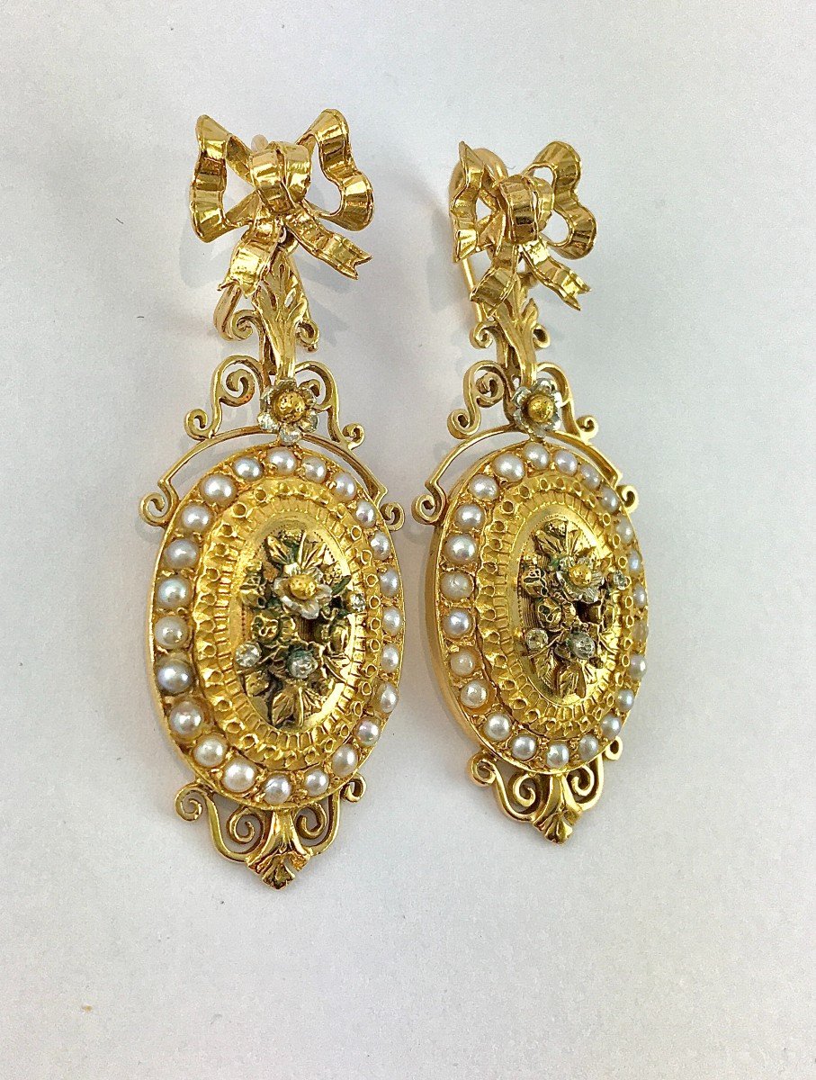 Boucles d'Oreilles Pendants Napoléon III Ors Rose, Jaune, Argent Et Perles Fines (Napoléon 3)-photo-3