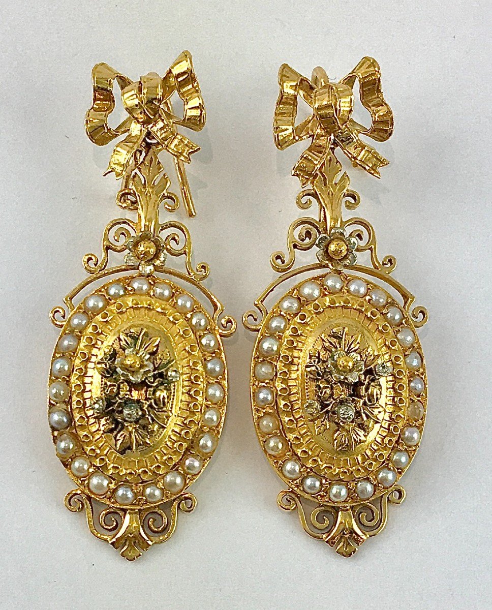 Boucles d'Oreilles Pendants Napoléon III Ors Rose, Jaune, Argent Et Perles Fines (Napoléon 3)