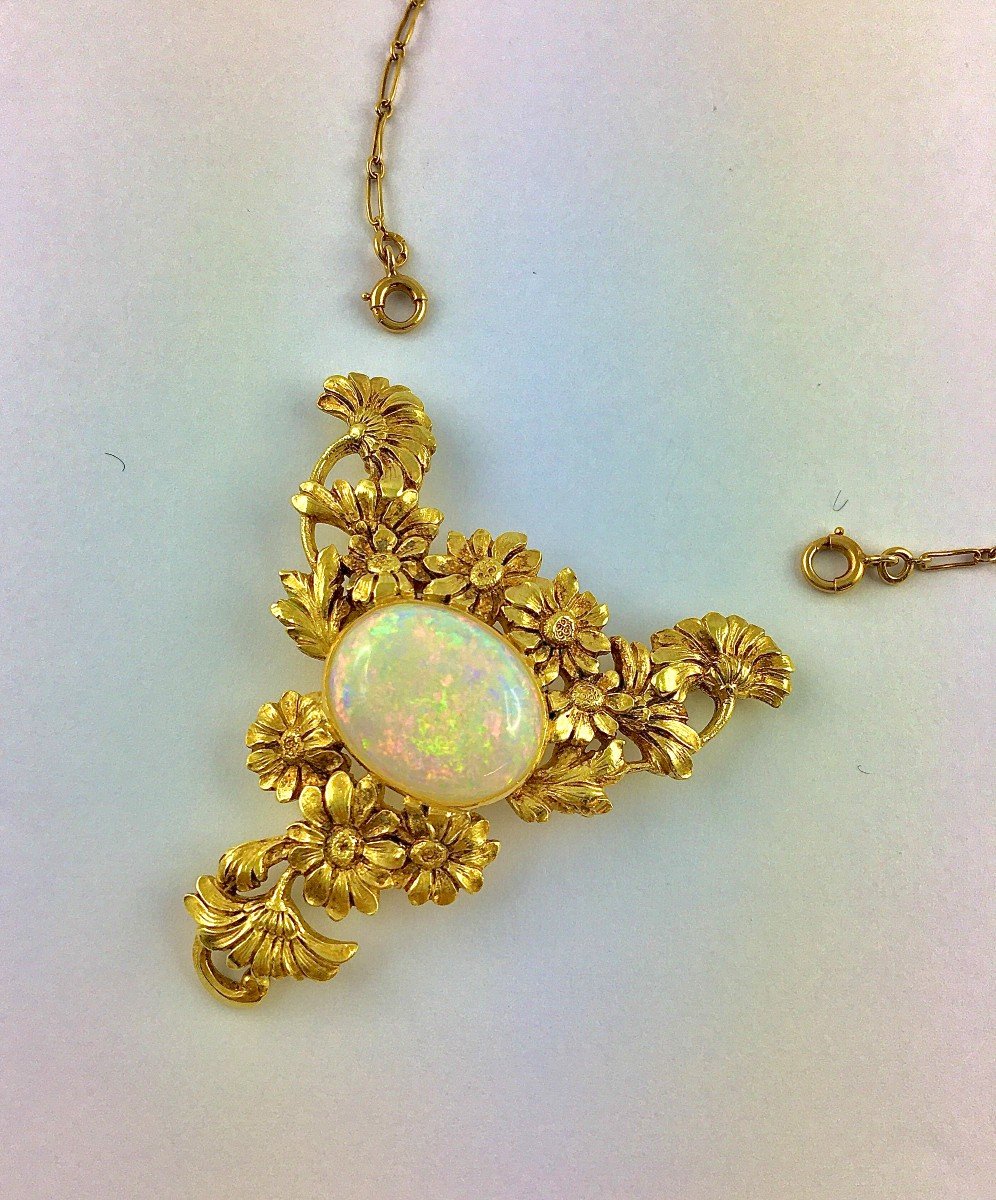 Collier Art Nouveau  Opale  D'Australie Cabochon Et Motifs Fleurs Marguerites Sur Or Jaune -photo-4