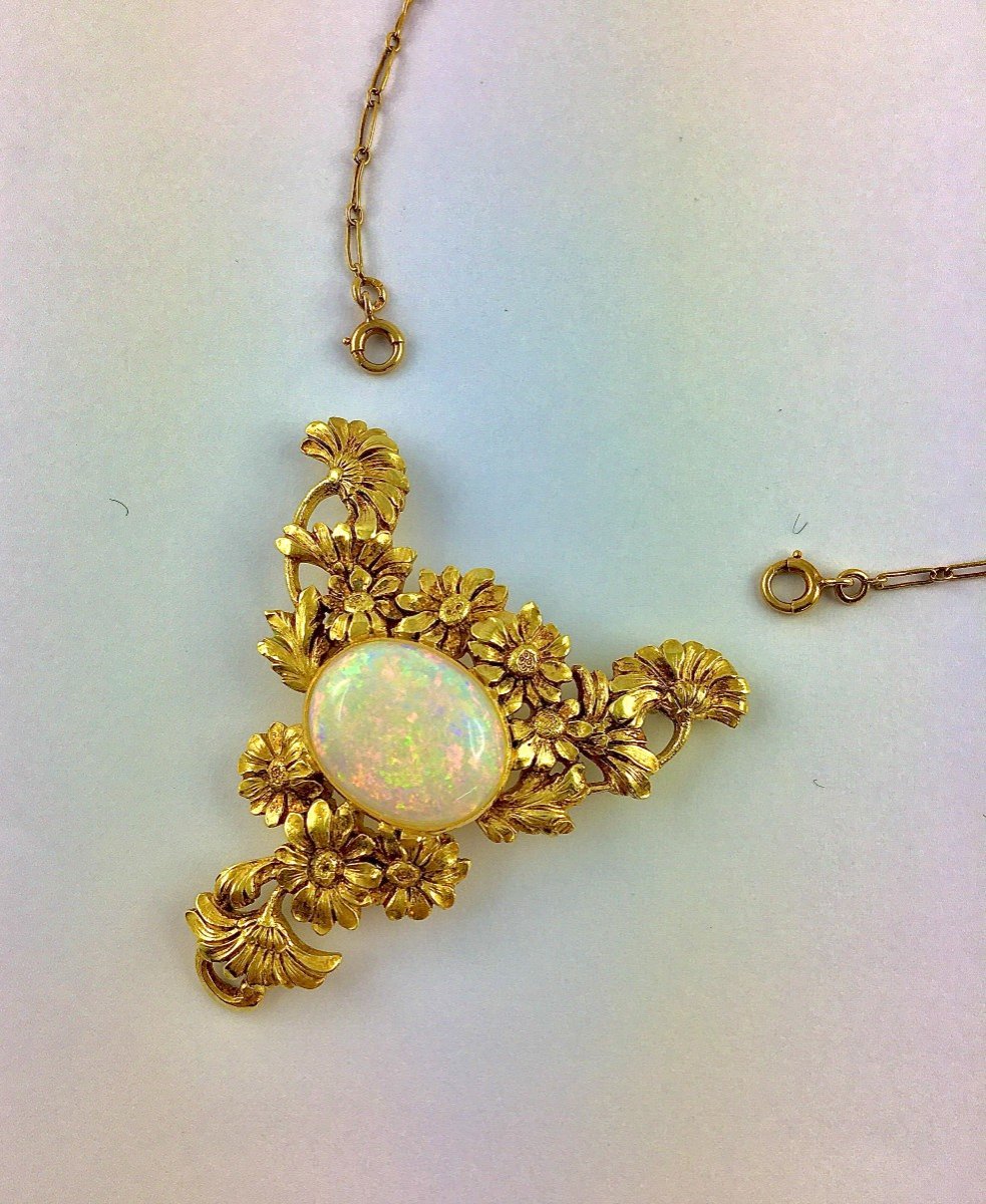 Collier Art Nouveau  Opale  D'Australie Cabochon Et Motifs Fleurs Marguerites Sur Or Jaune -photo-5