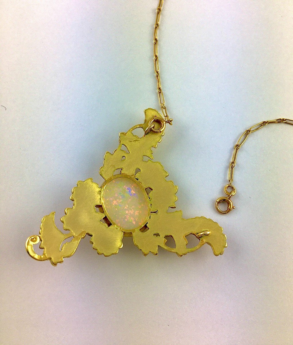 Collier Art Nouveau  Opale  D'Australie Cabochon Et Motifs Fleurs Marguerites Sur Or Jaune -photo-6