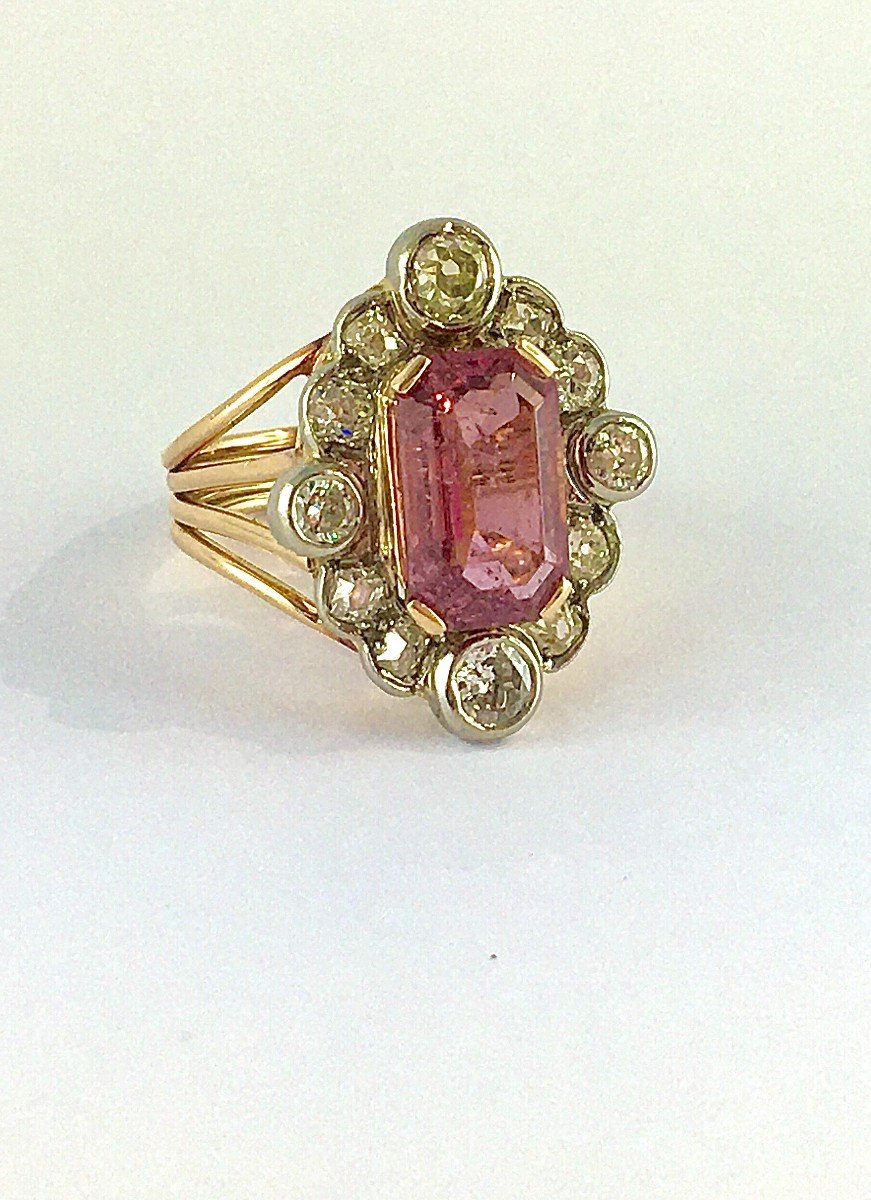 Belle Epoque Style Marquise Ring Pink Tourmaline Emerald Cut & Diamonds / Rose And White Gold-photo-2