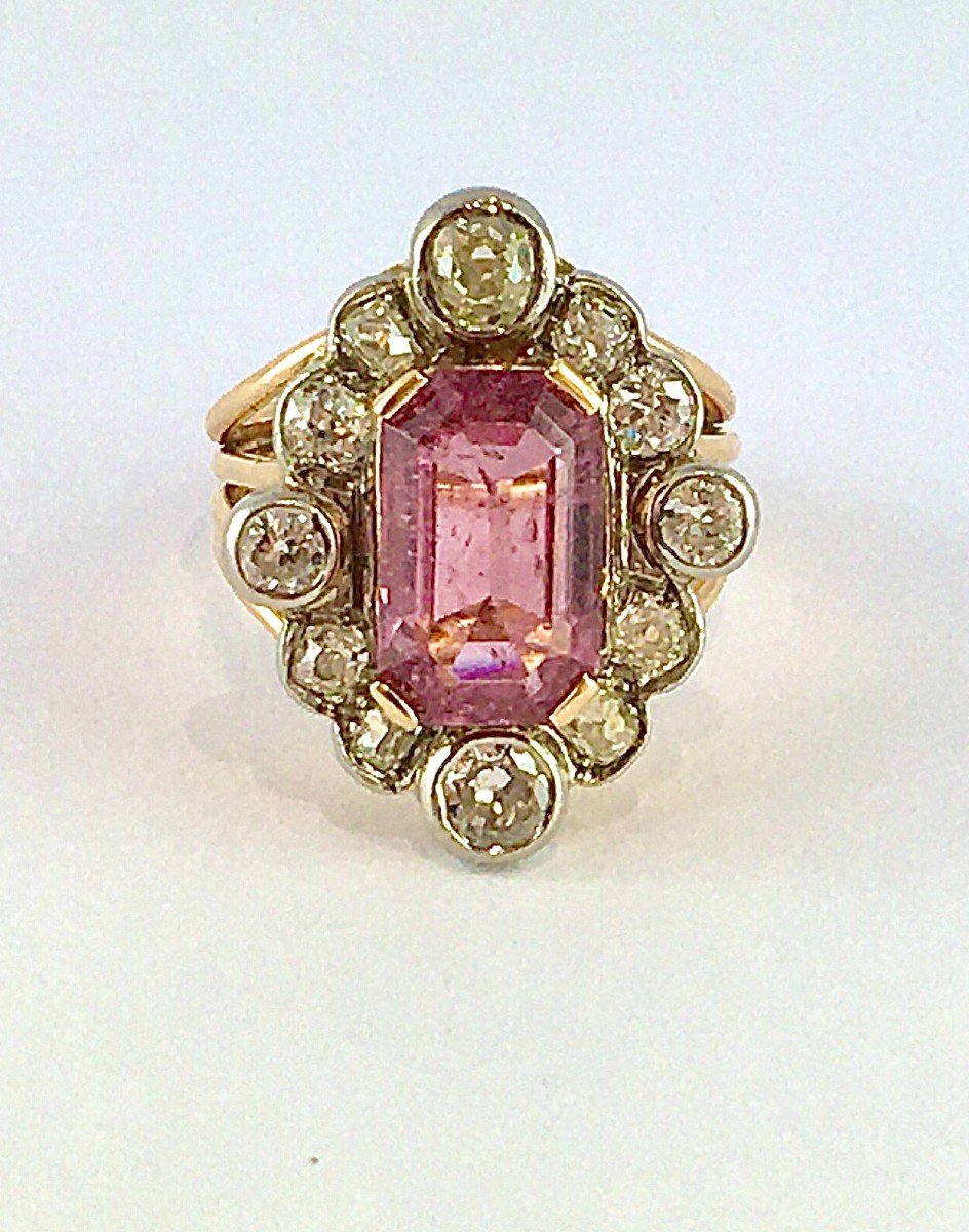 Belle Epoque Style Marquise Ring Pink Tourmaline Emerald Cut & Diamonds / Rose And White Gold-photo-3