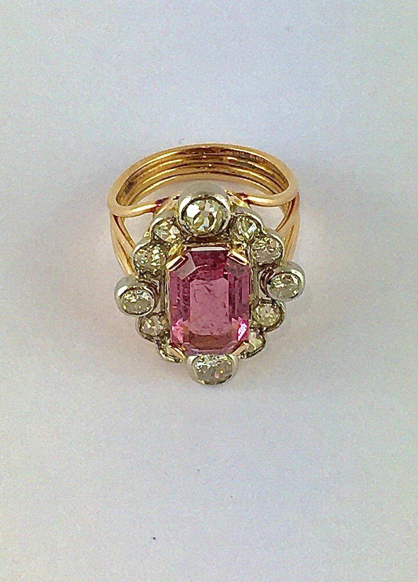 Belle Epoque Style Marquise Ring Pink Tourmaline Emerald Cut & Diamonds / Rose And White Gold-photo-4