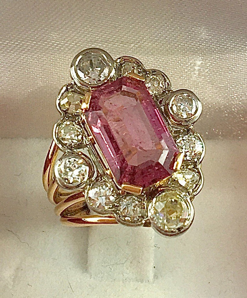 Belle Epoque Style Marquise Ring Pink Tourmaline Emerald Cut & Diamonds / Rose And White Gold-photo-1