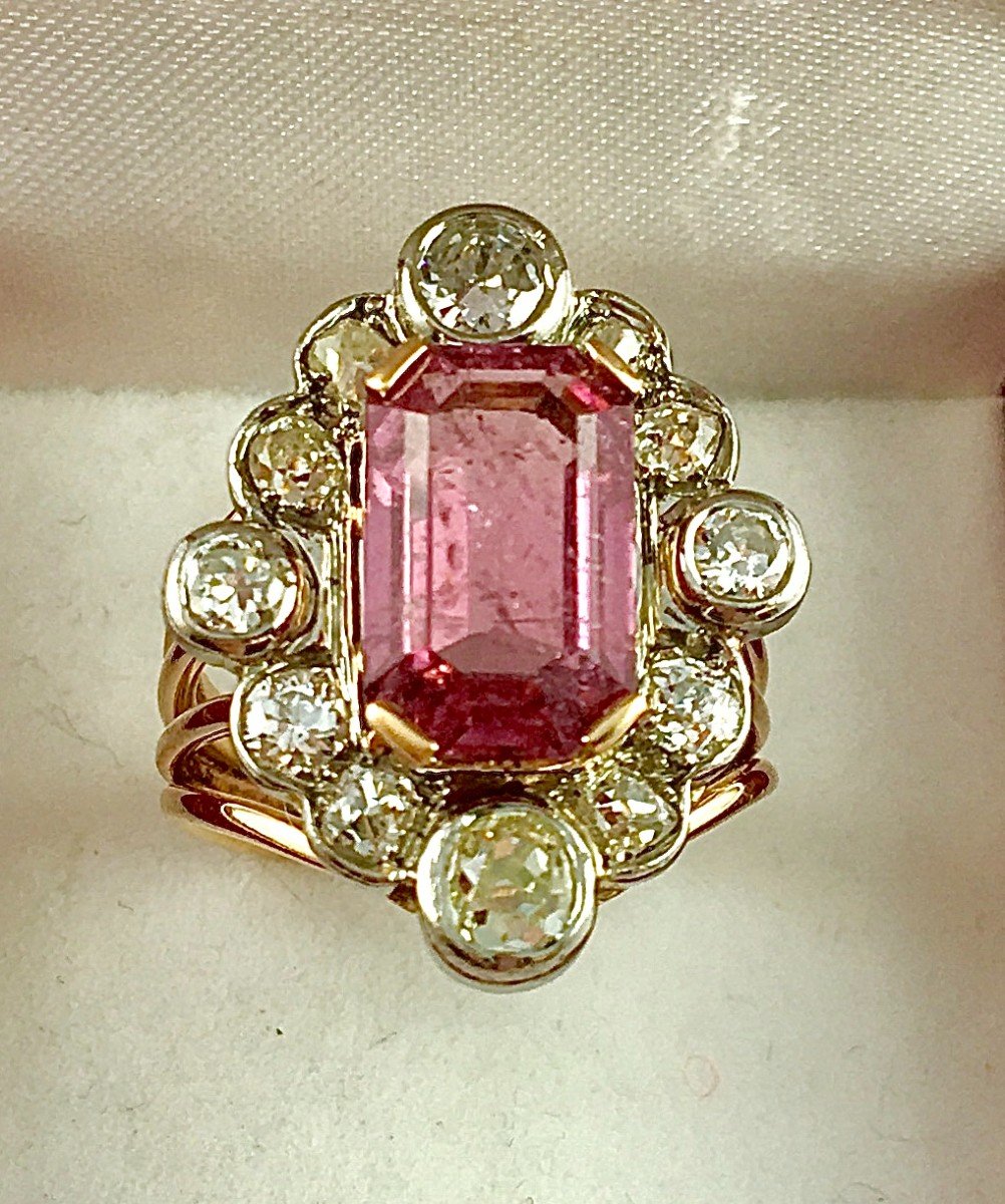 Belle Epoque Style Marquise Ring Pink Tourmaline Emerald Cut & Diamonds / Rose And White Gold-photo-2