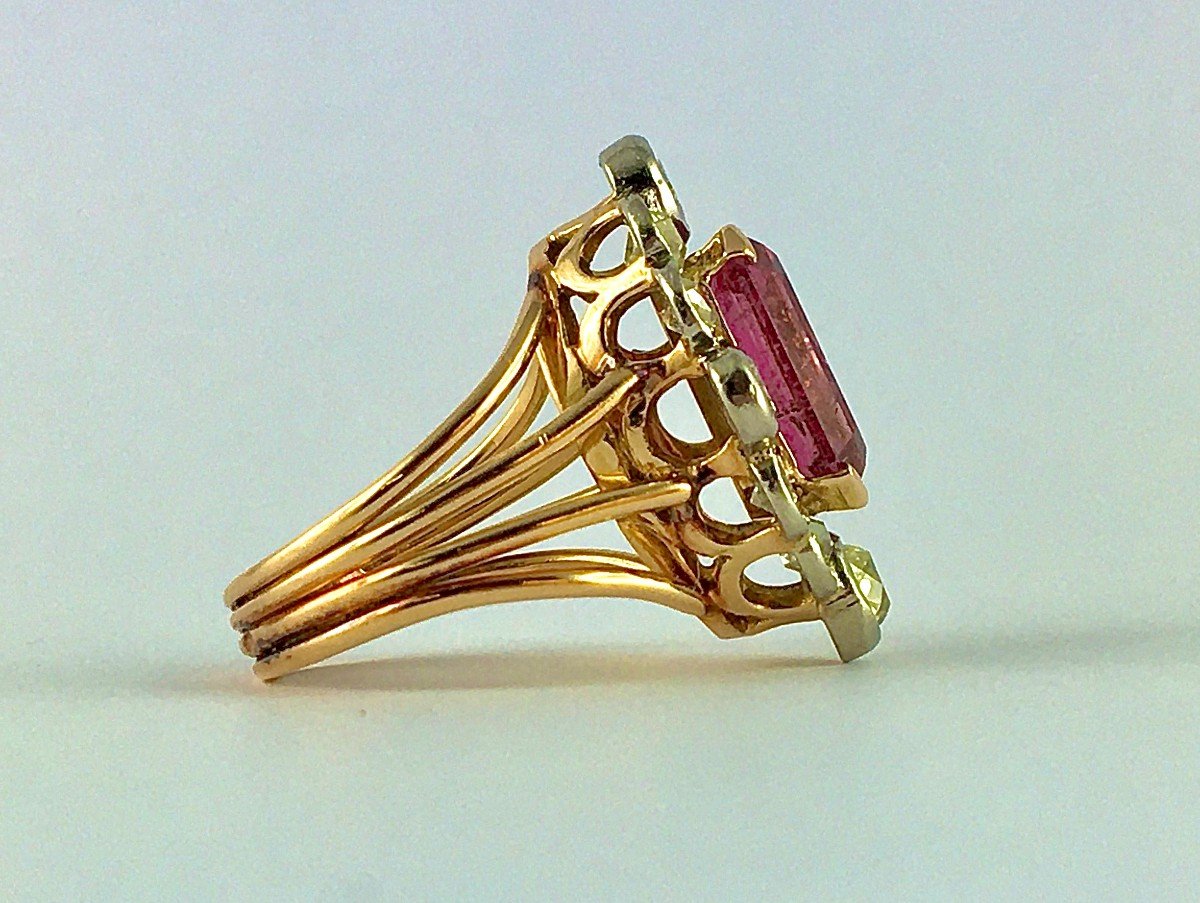 Belle Epoque Style Marquise Ring Pink Tourmaline Emerald Cut & Diamonds / Rose And White Gold-photo-3