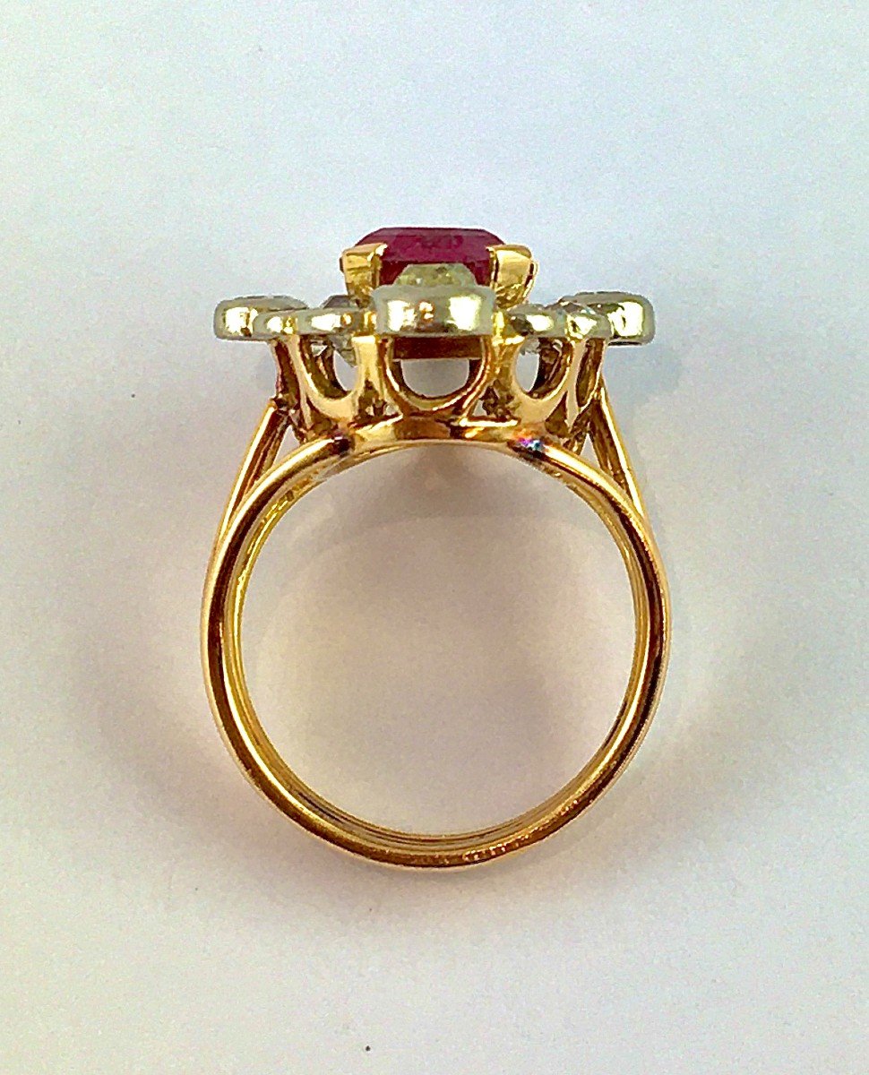 Belle Epoque Style Marquise Ring Pink Tourmaline Emerald Cut & Diamonds / Rose And White Gold-photo-4