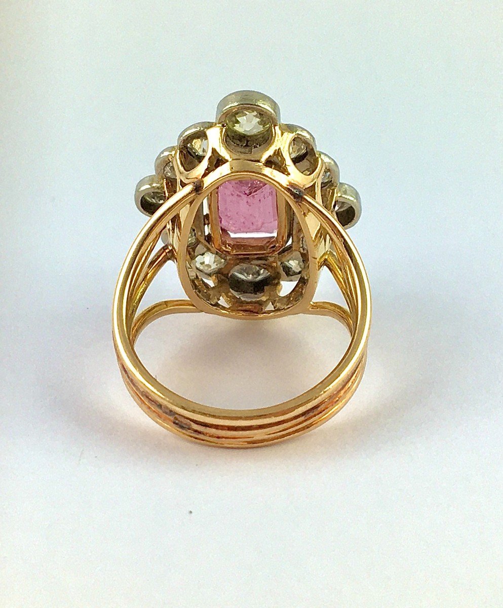 Belle Epoque Style Marquise Ring Pink Tourmaline Emerald Cut & Diamonds / Rose And White Gold-photo-5