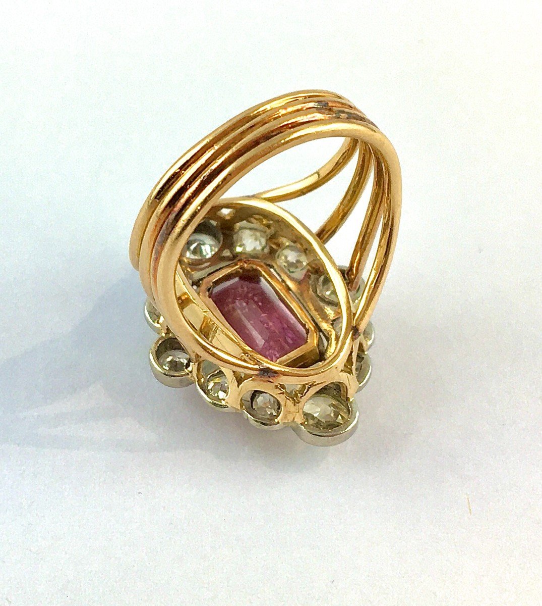 Belle Epoque Style Marquise Ring Pink Tourmaline Emerald Cut & Diamonds / Rose And White Gold-photo-6