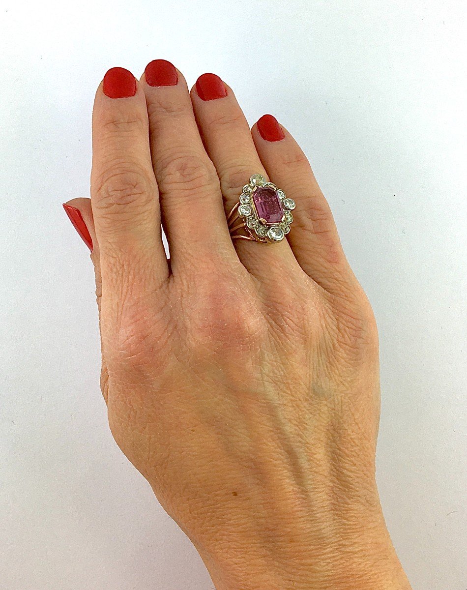 Belle Epoque Style Marquise Ring Pink Tourmaline Emerald Cut & Diamonds / Rose And White Gold-photo-7