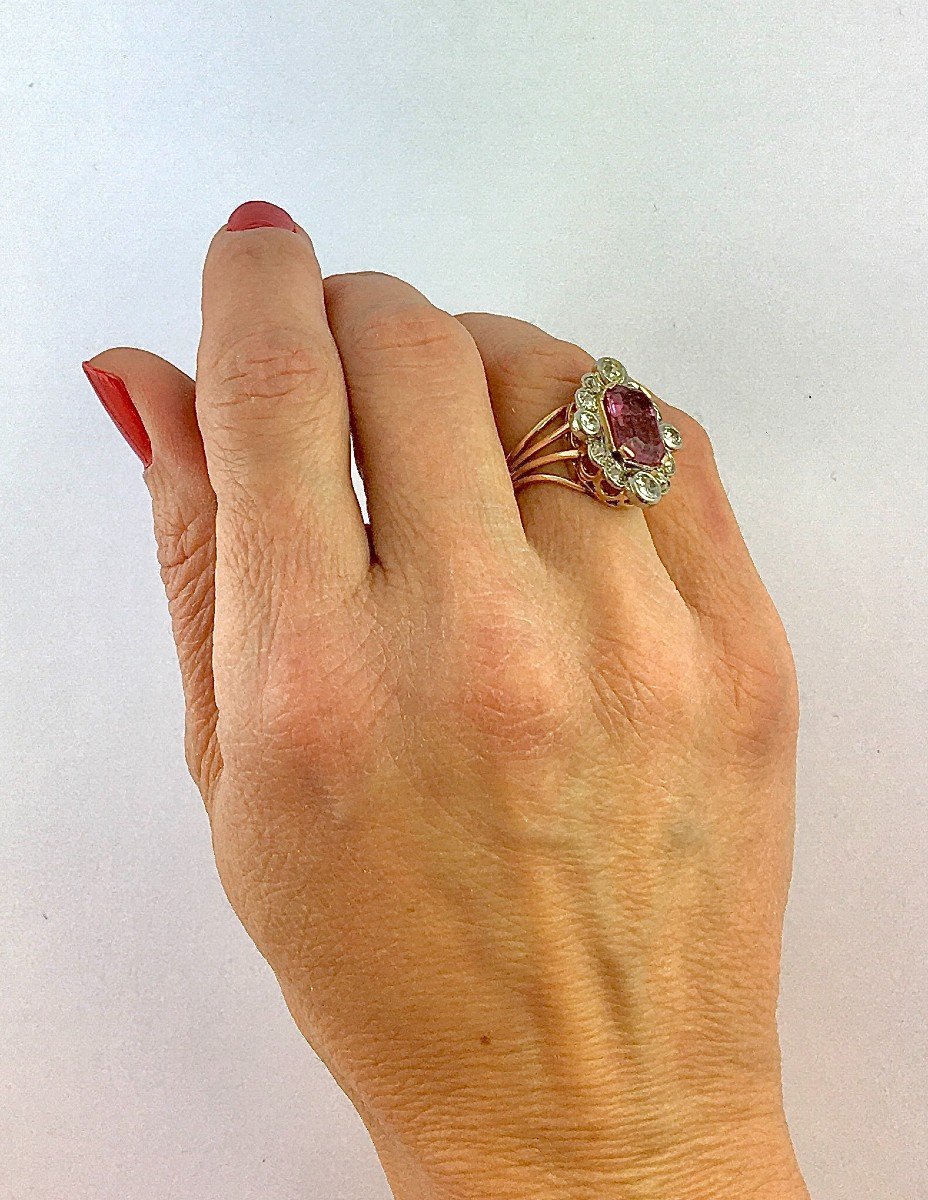 Belle Epoque Style Marquise Ring Pink Tourmaline Emerald Cut & Diamonds / Rose And White Gold-photo-8