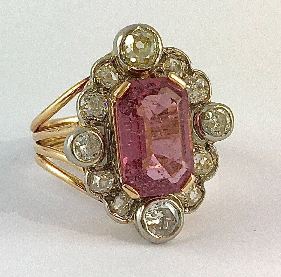 Belle Epoque Style Marquise Ring Pink Tourmaline Emerald Cut & Diamonds / Rose And White Gold