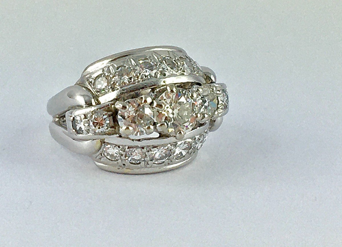 Art Deco Style Ring With Old Garter Cut And Brilliant Cut Diamonds In White Gold-photo-2