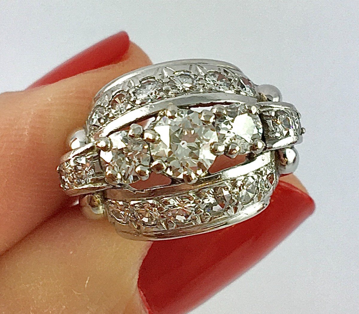 Art Deco Style Ring With Old Garter Cut And Brilliant Cut Diamonds In White Gold