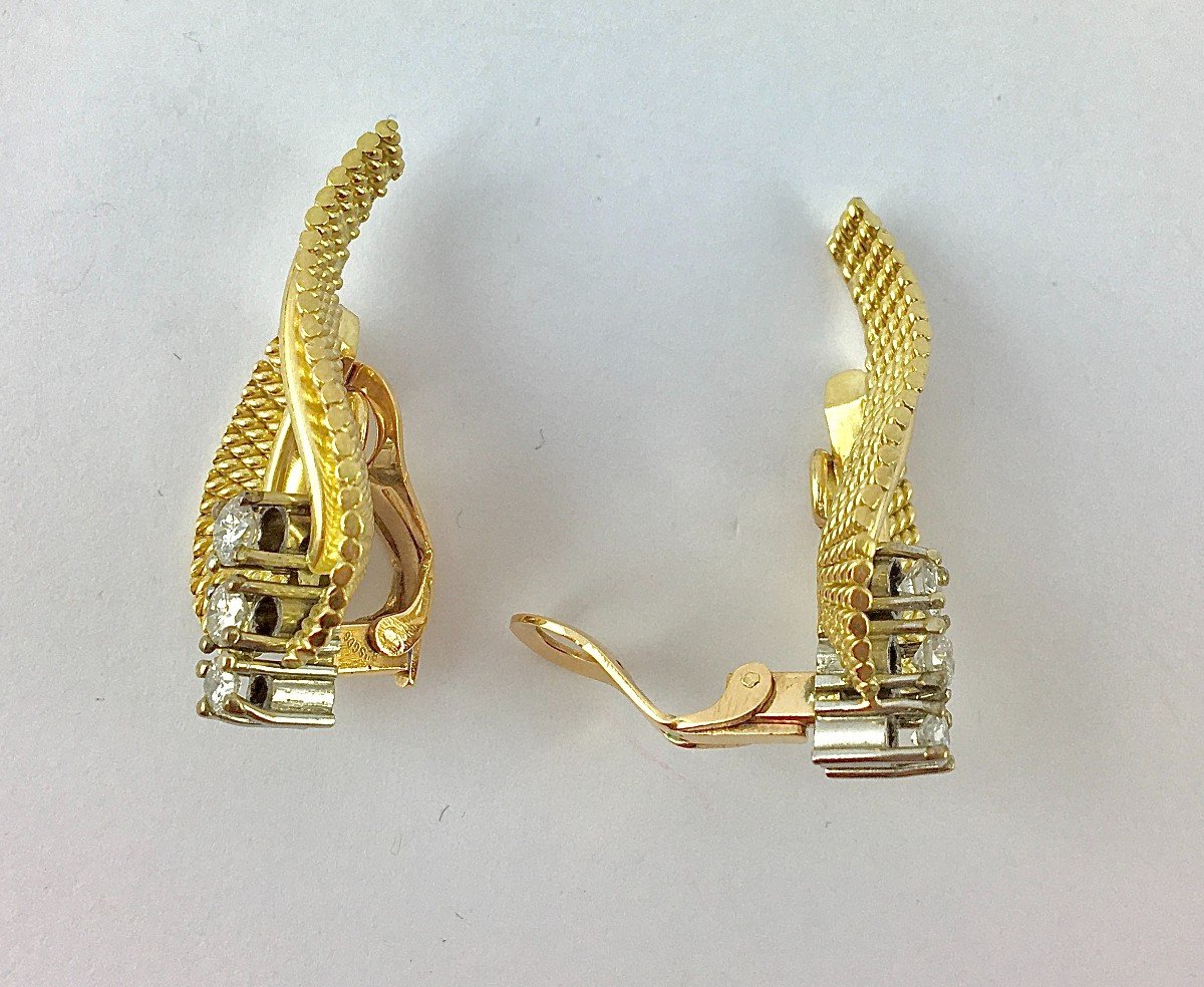 50s Scroll Clip-on Earrings Diamonds On Yellow And White Gold-photo-6