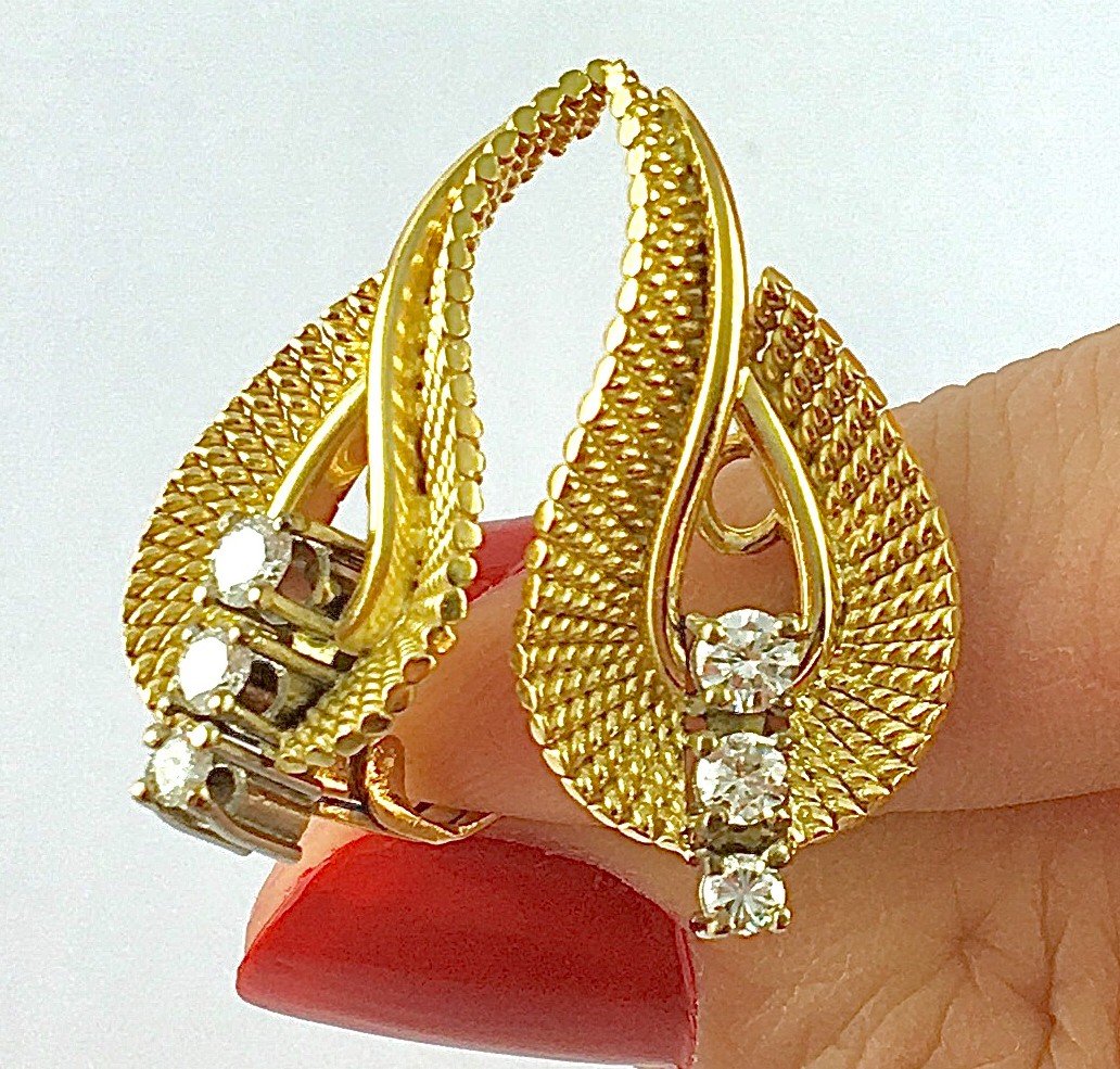 50s Scroll Clip-on Earrings Diamonds On Yellow And White Gold