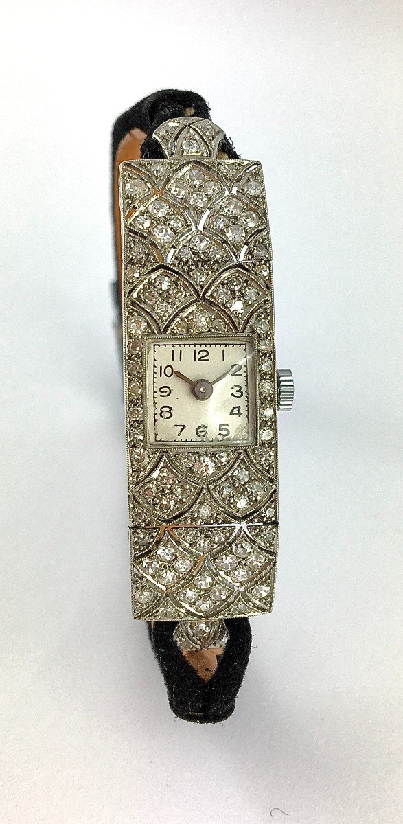 Montre Bijou Art Déco 1925 Diamants Sur Platine Quartz-photo-3