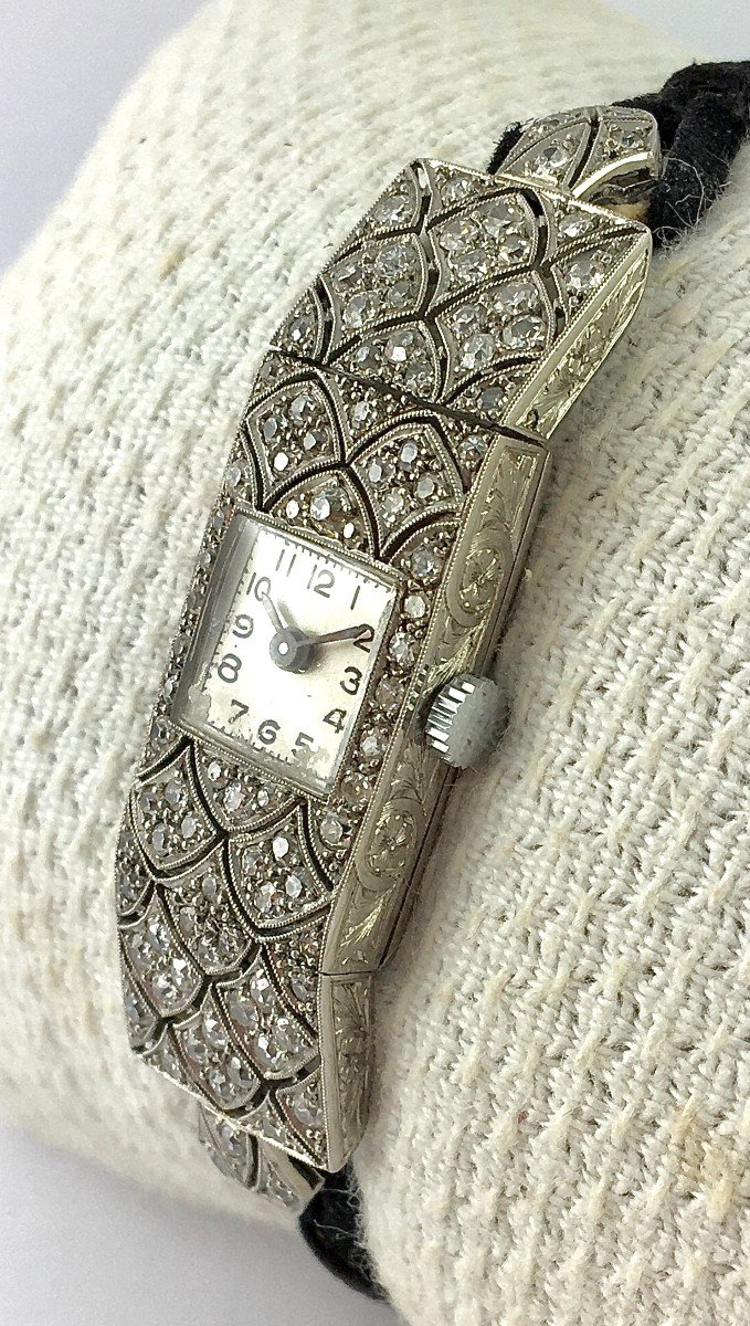 Montre Bijou Art Déco 1925 Diamants Sur Platine Quartz-photo-2