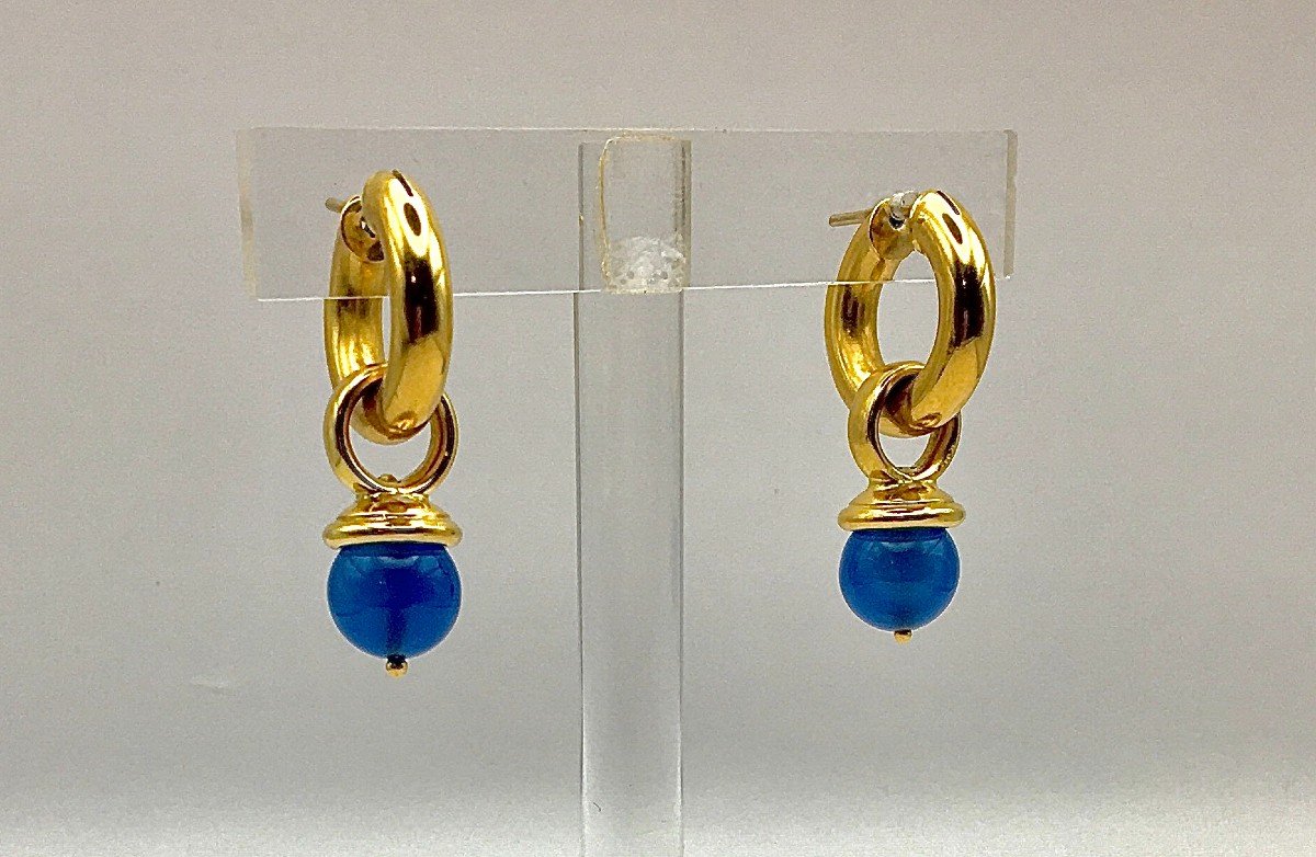 Removable Blue Agate Tassel Hoop Earrings In Yellow Gold-photo-3