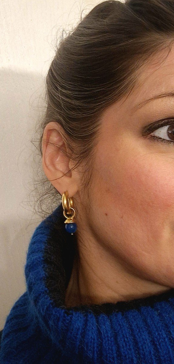 Removable Blue Agate Tassel Hoop Earrings In Yellow Gold-photo-4