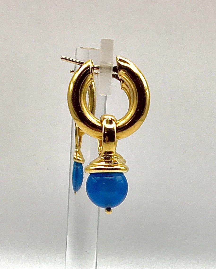 Removable Blue Agate Tassel Hoop Earrings In Yellow Gold-photo-2