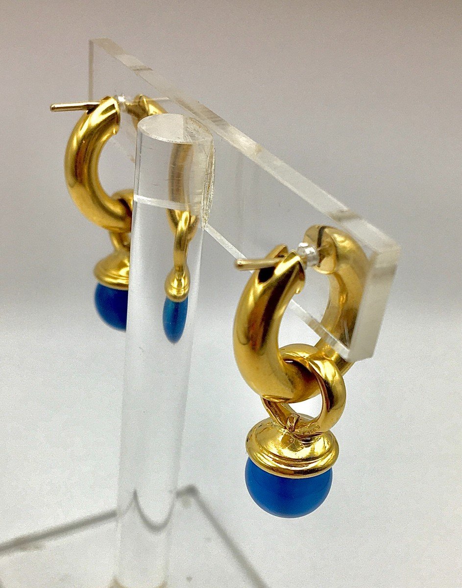 Removable Blue Agate Tassel Hoop Earrings In Yellow Gold-photo-3