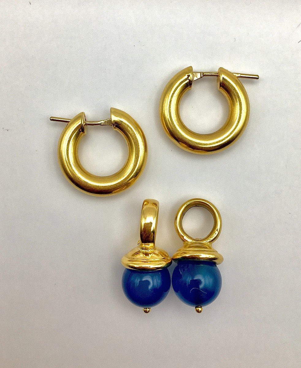 Removable Blue Agate Tassel Hoop Earrings In Yellow Gold-photo-5