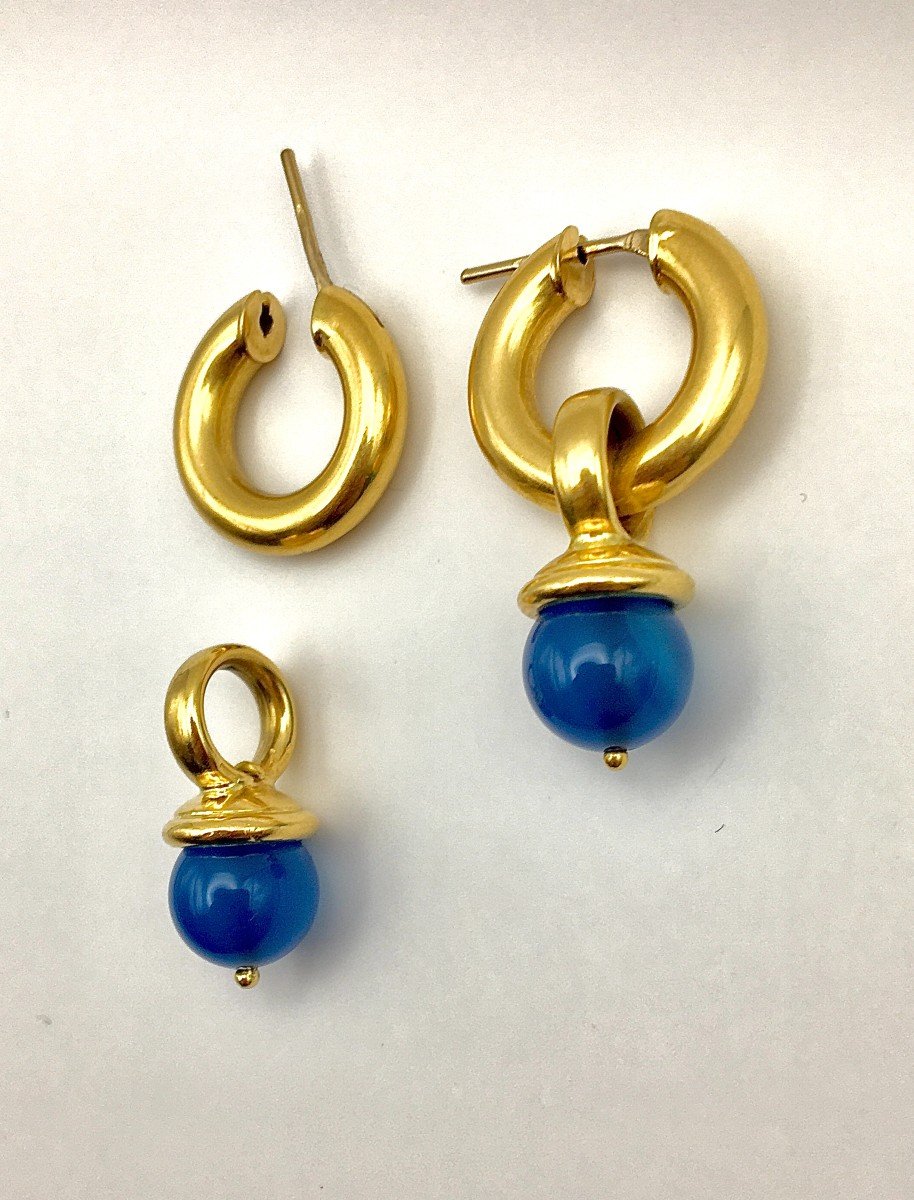 Removable Blue Agate Tassel Hoop Earrings In Yellow Gold-photo-6