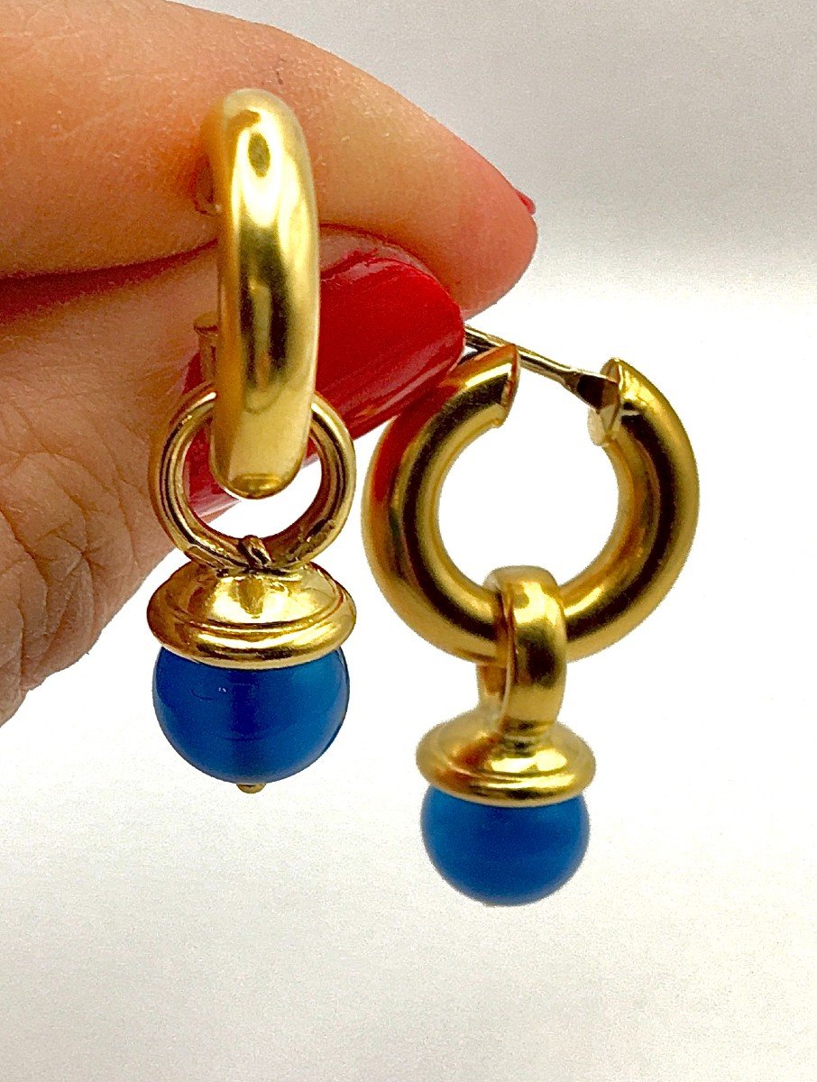 Removable Blue Agate Tassel Hoop Earrings In Yellow Gold