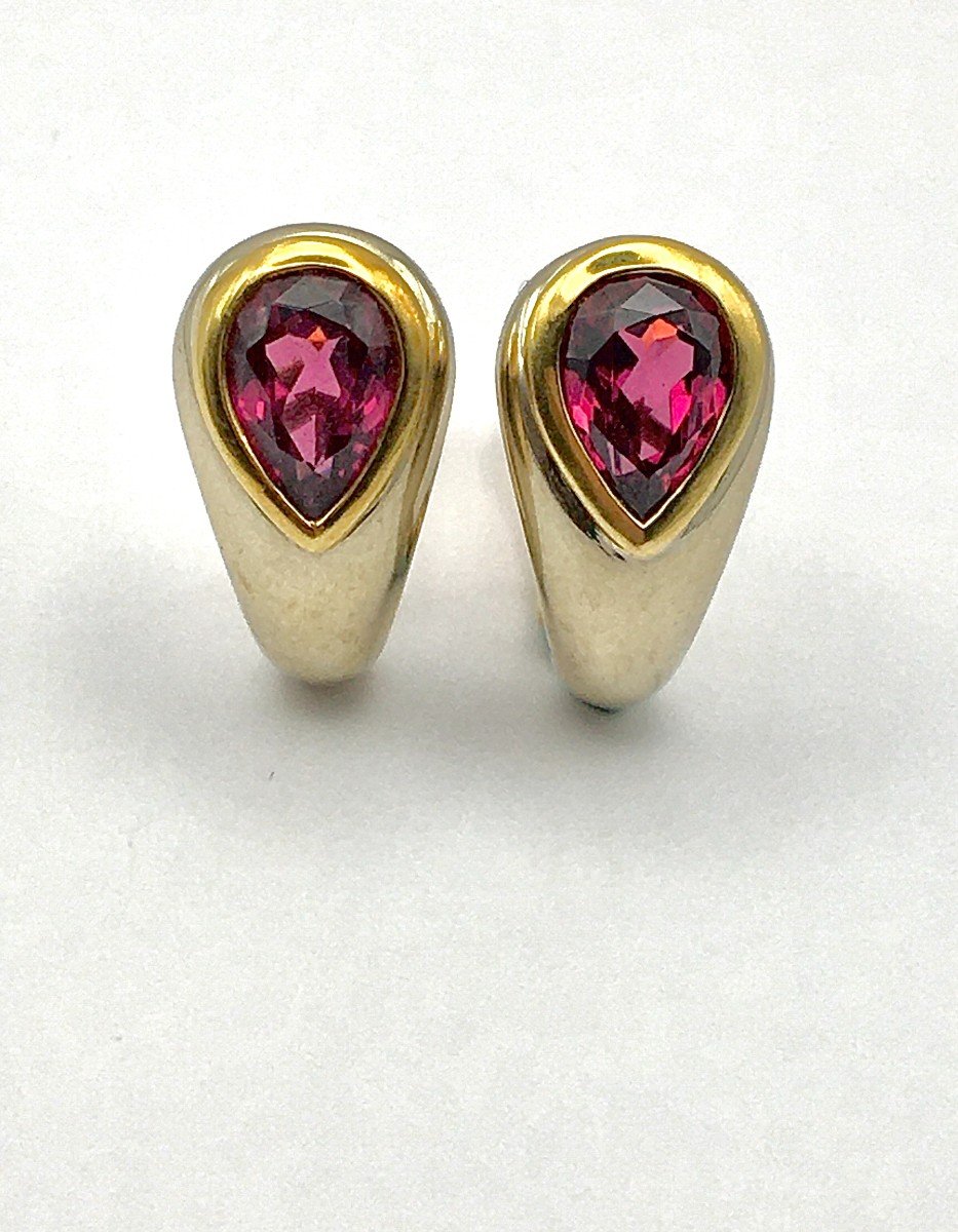 Half Hoop Clip-on Earrings Garnet Pear Shapes On White And Yellow Gold -photo-2