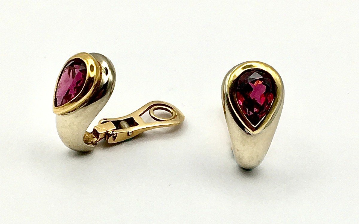 Half Hoop Clip-on Earrings Garnet Pear Shapes On White And Yellow Gold -photo-3