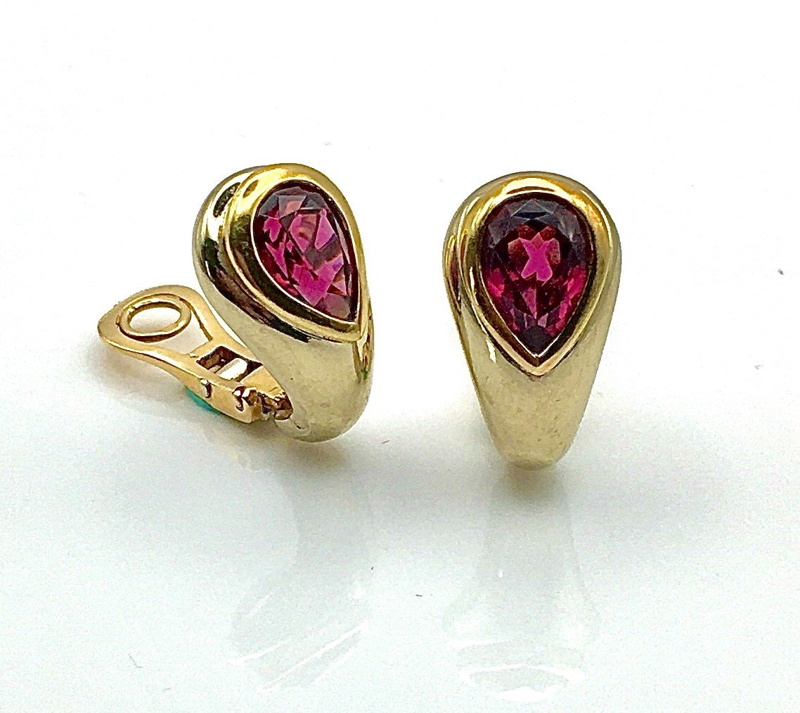 Half Hoop Clip-on Earrings Garnet Pear Shapes On White And Yellow Gold -photo-1