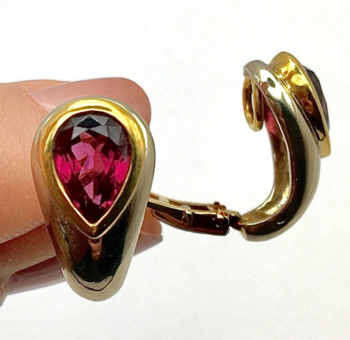 Half Hoop Clip-on Earrings Garnet Pear Shapes On White And Yellow Gold 