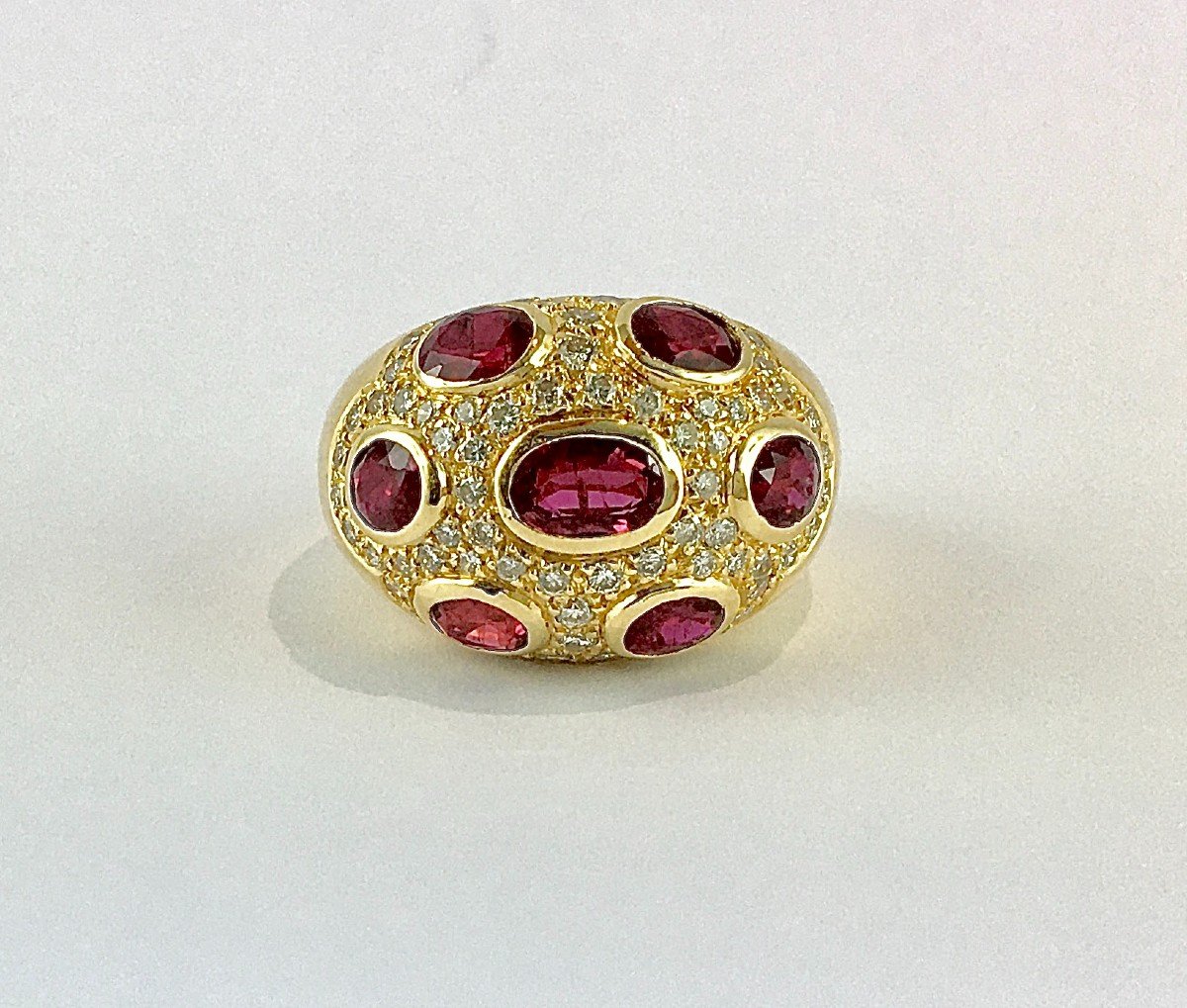 Ruby Ball Ring And Diamond Paving On Yellow Gold-photo-1