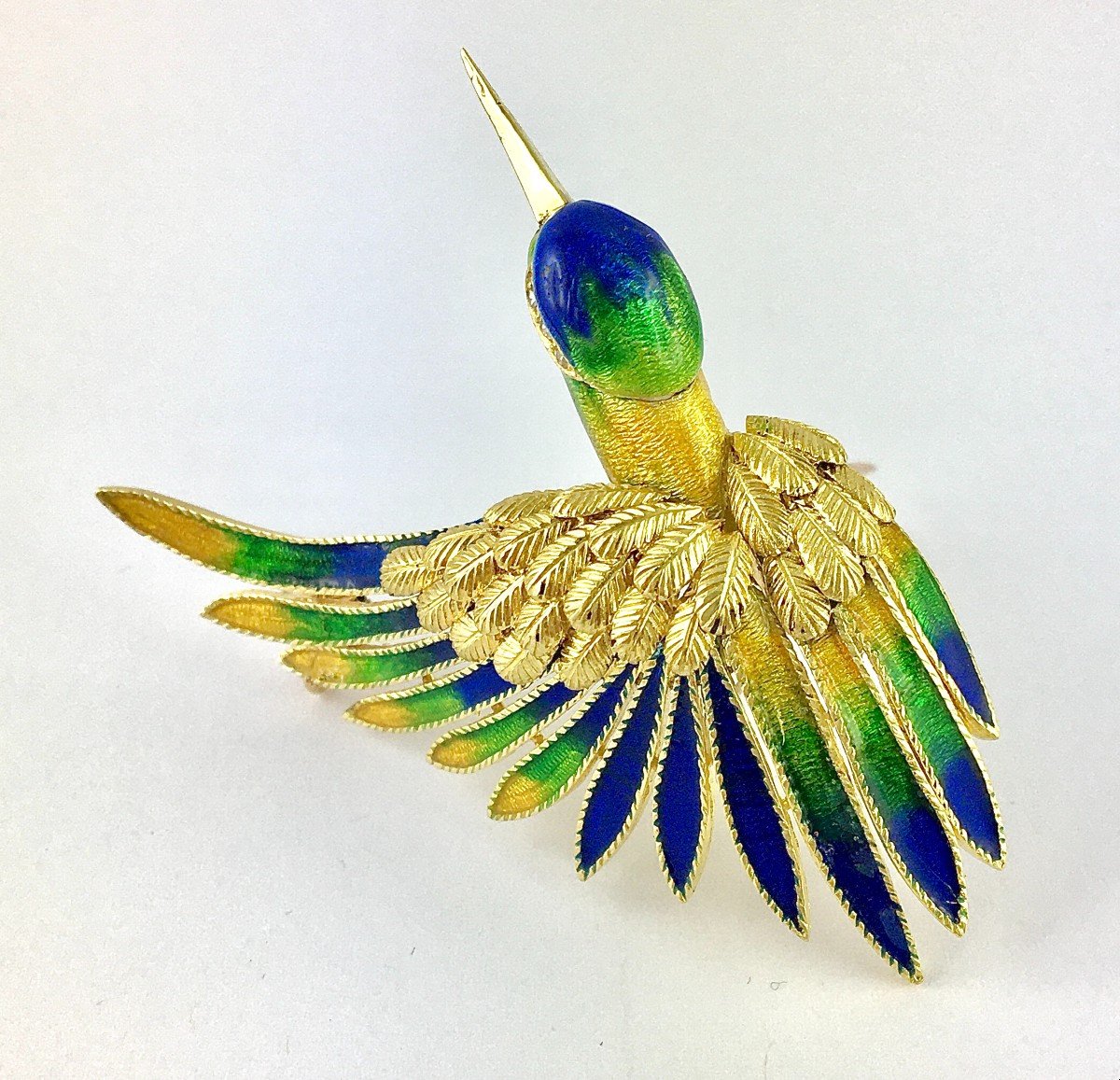 Broche Mauboussin Oiseau De Paradis Vintage Email Polychrome Et Diamants Sur Or Jaune -photo-2