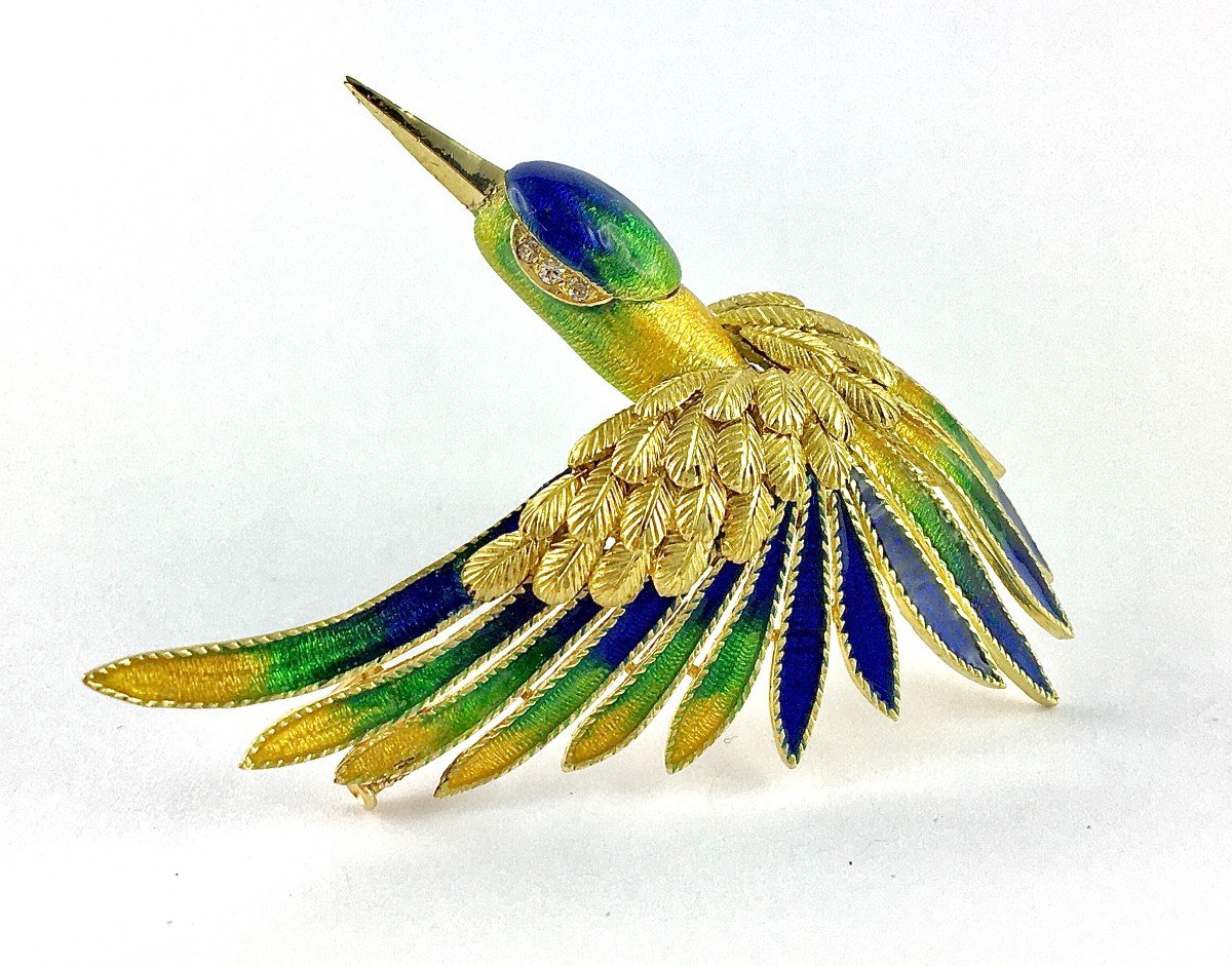 Broche Mauboussin Oiseau De Paradis Vintage Email Polychrome Et Diamants Sur Or Jaune -photo-3