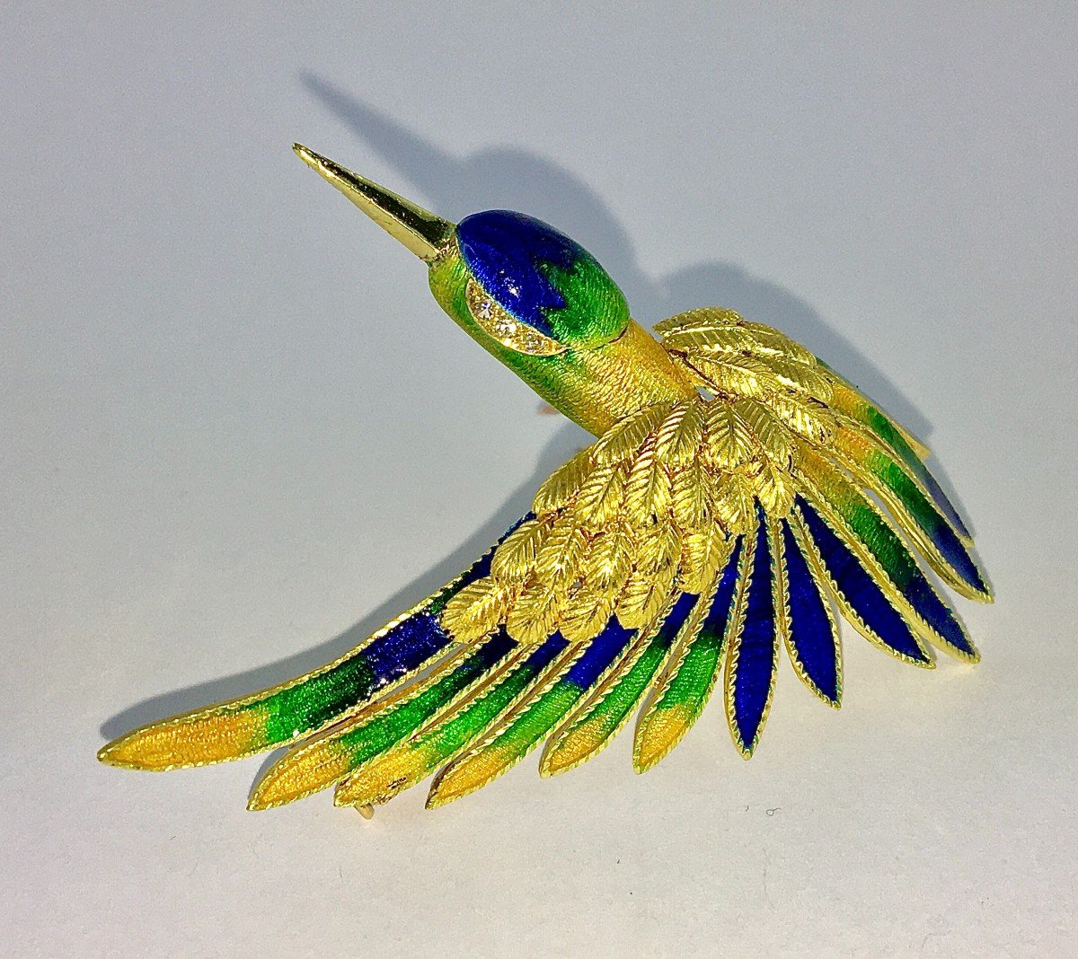 Broche Mauboussin Oiseau De Paradis Vintage Email Polychrome Et Diamants Sur Or Jaune -photo-4